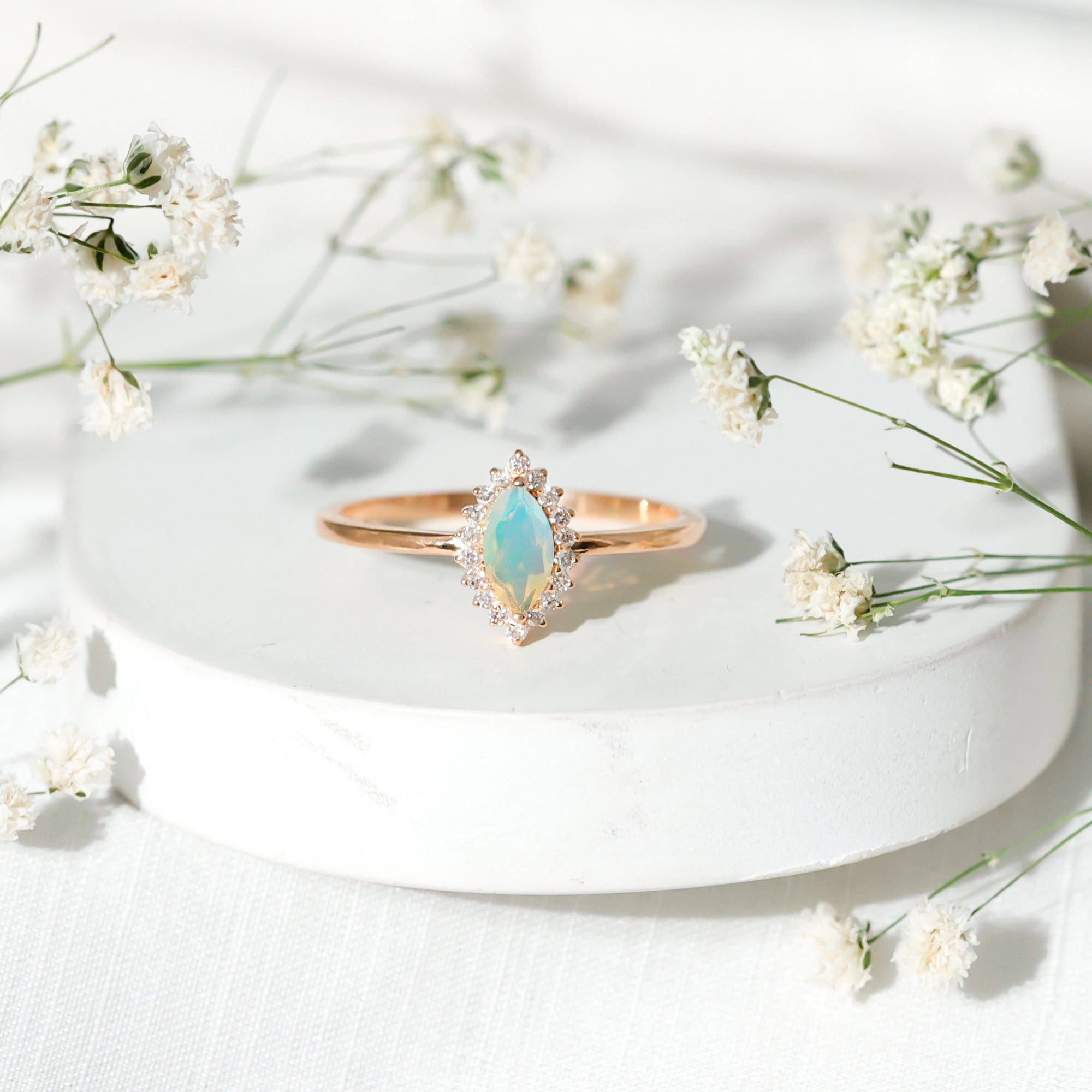 Ethiopian Opal 4x8mm Marquise Cut Engagement Ring with Diamond Halo AAA - Rosec Jewels