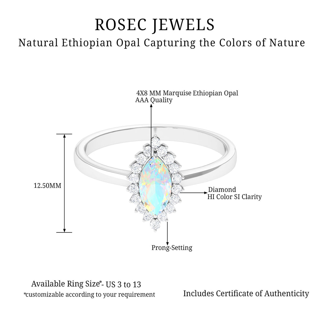 Rosec Jewels-3/4 CT Marquise Shape Ethiopian Opal and Diamond Halo Engagement Ring