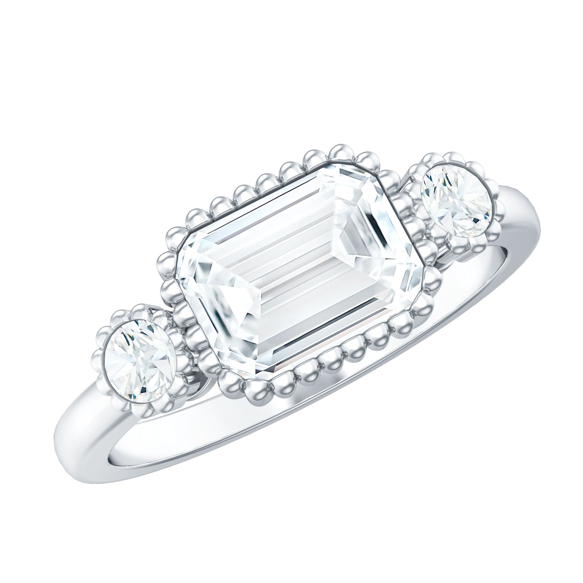 Rosec Jewels-Emerald Cut Moissanite 3 Stone Engagement Ring in East West Style