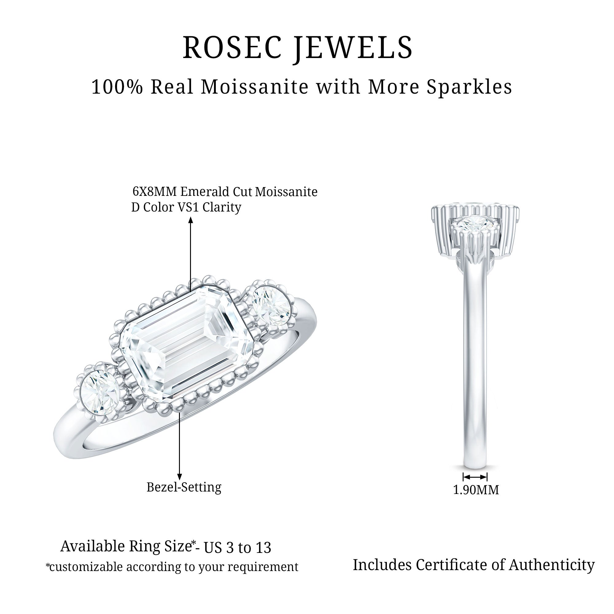 Rosec Jewels-Emerald Cut Moissanite 3 Stone Engagement Ring in East West Style