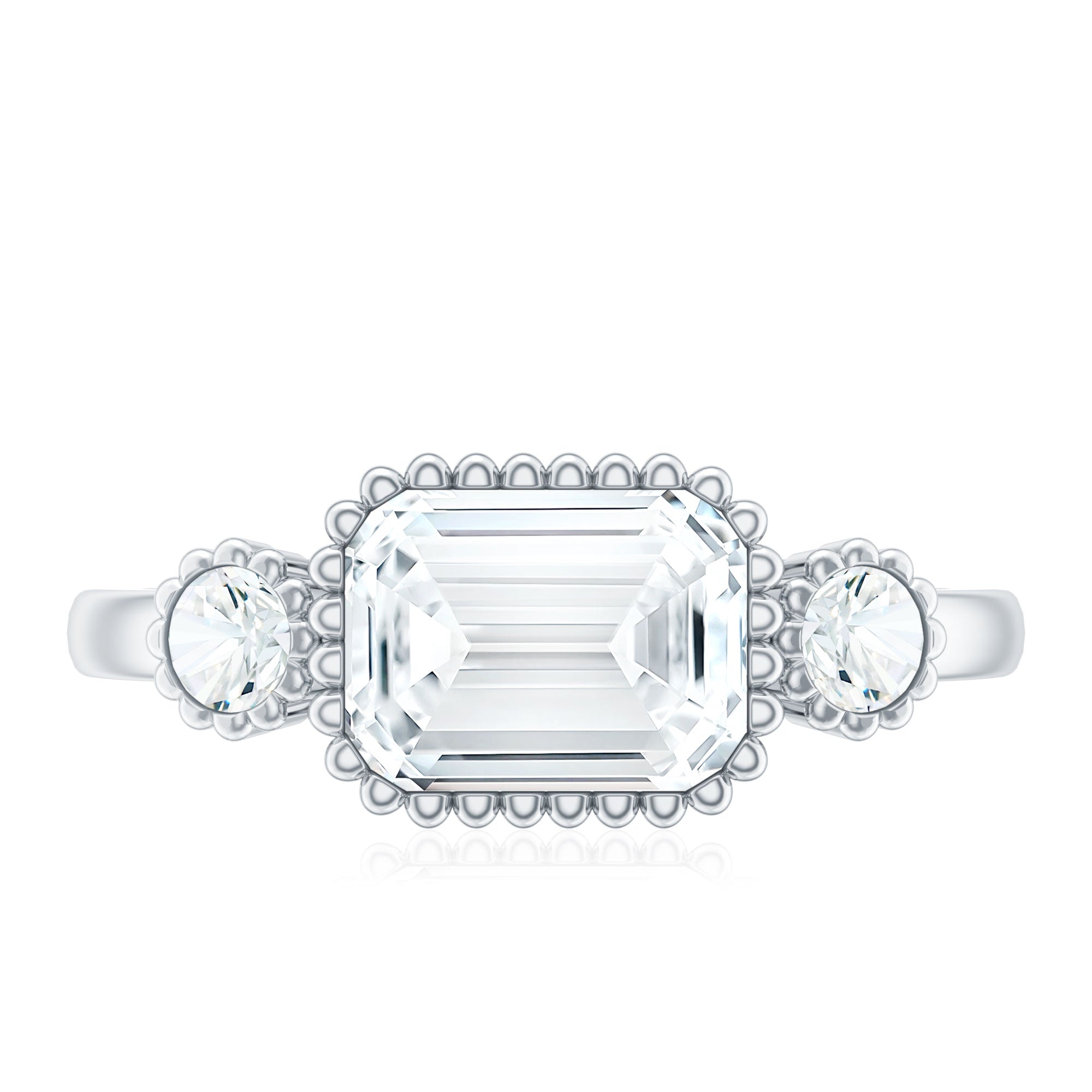 Rosec Jewels-Emerald Cut Moissanite 3 Stone Engagement Ring in East West Style