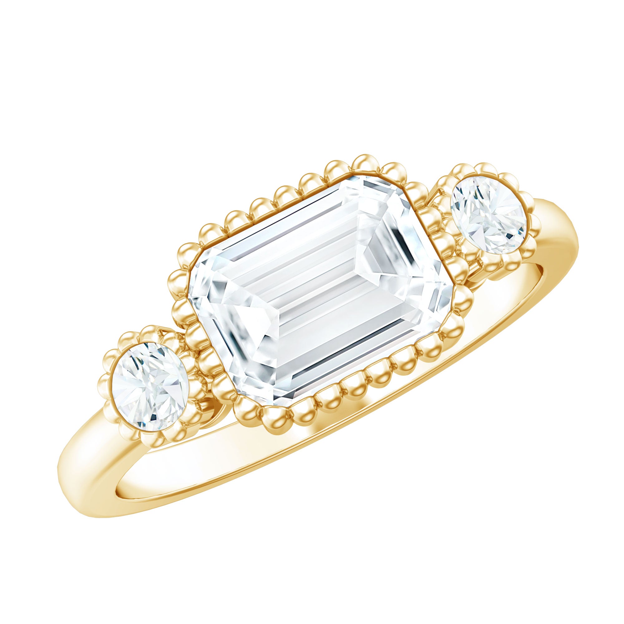 Rosec Jewels-Emerald Cut Moissanite 3 Stone Engagement Ring in East West Style