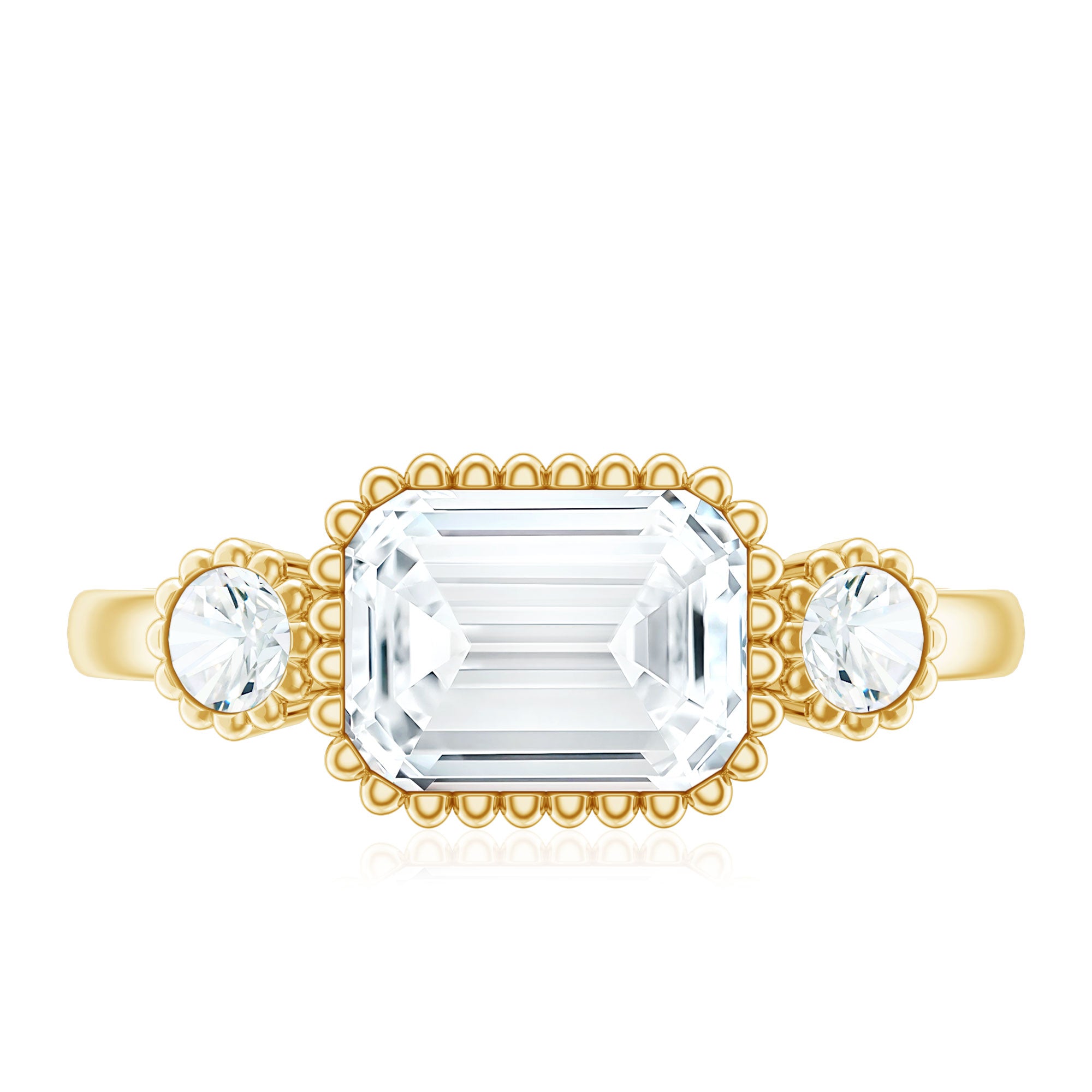 Rosec Jewels-Emerald Cut Moissanite 3 Stone Engagement Ring in East West Style