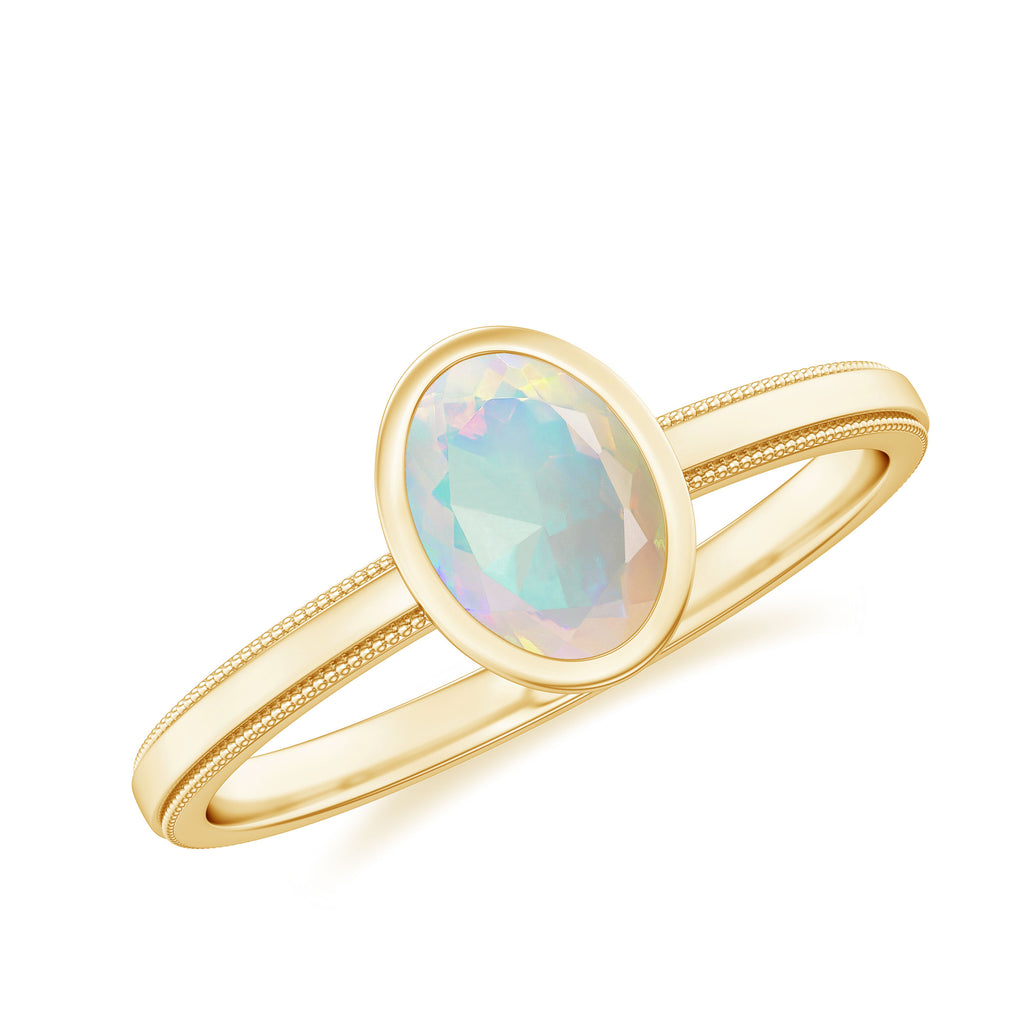 1 CT Bezel Set Oval Ethiopian Opal Solitaire Ring with Beaded Gold Ethiopian Opal - ( AAA ) - Quality - Rosec Jewels