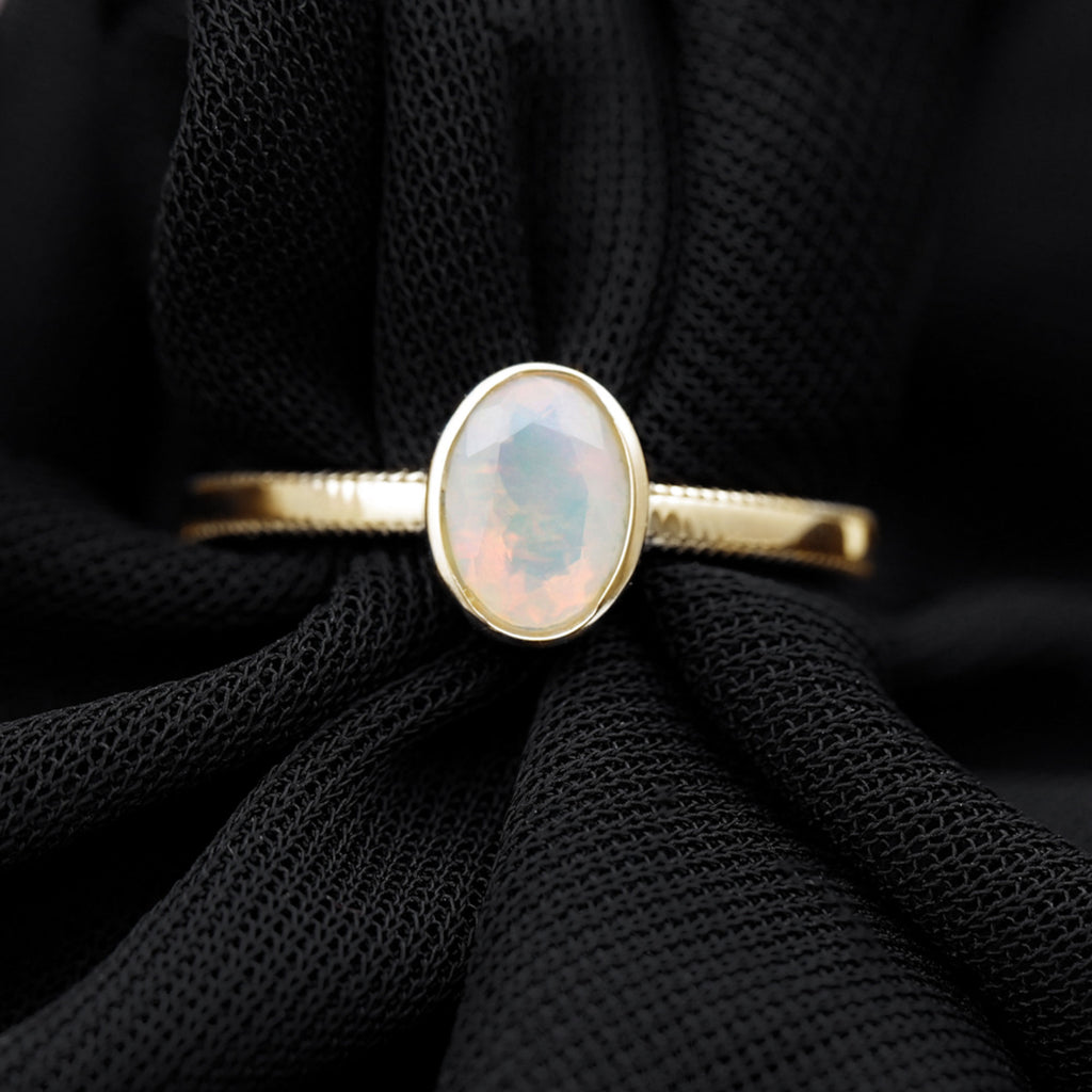 1 CT Bezel Set Oval Ethiopian Opal Solitaire Ring with Beaded Gold Ethiopian Opal - ( AAA ) - Quality - Rosec Jewels