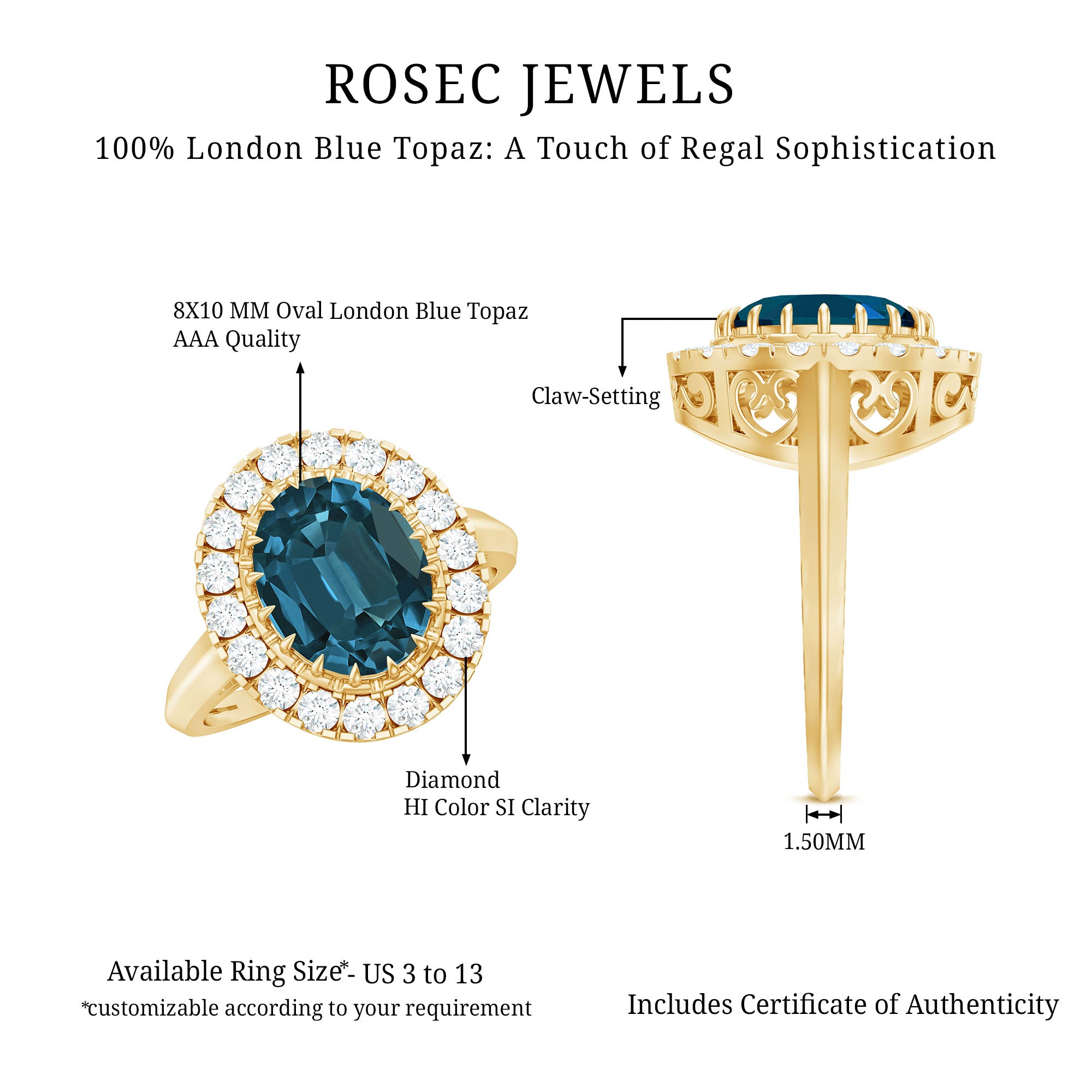 Rosec Jewels-Genuine London Blue Topaz Statement Engagement Ring with Diamond