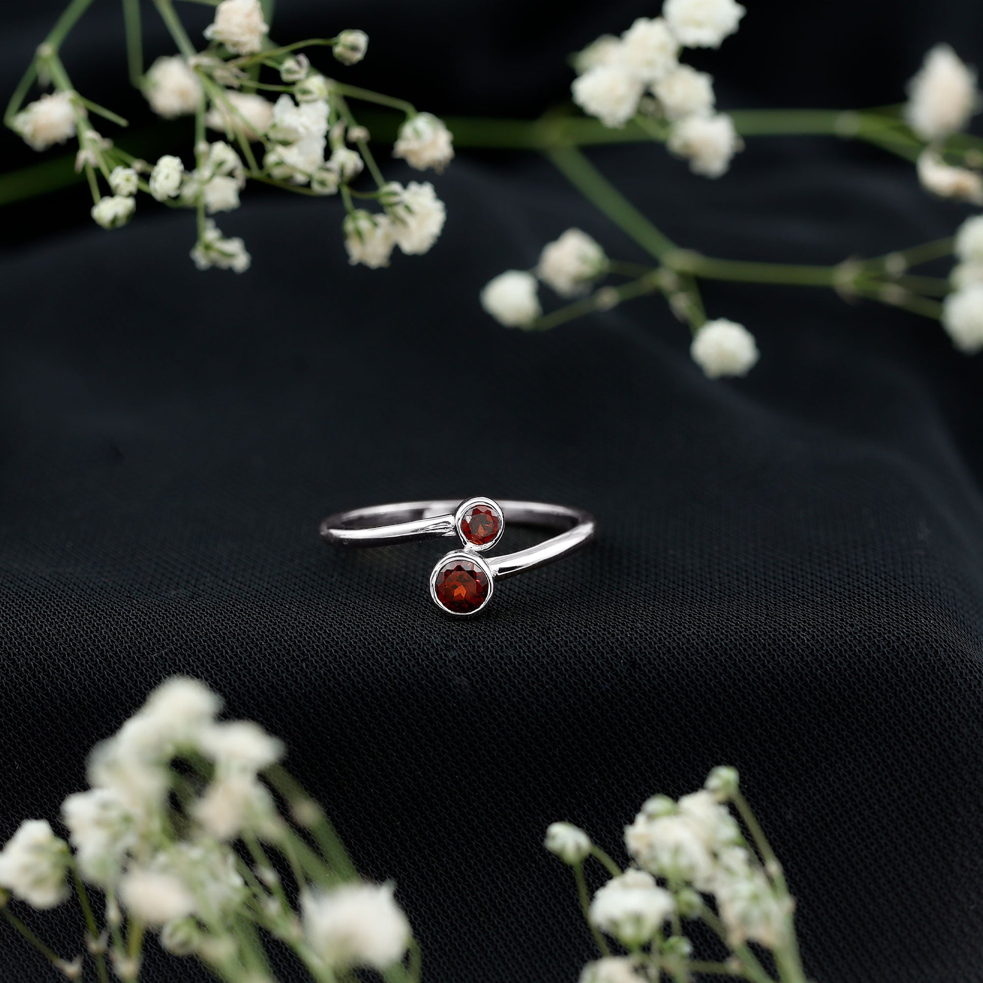 Natural Garnet 2 Stone Promise Ring with Bypass Shank AAA - Rosec Jewels