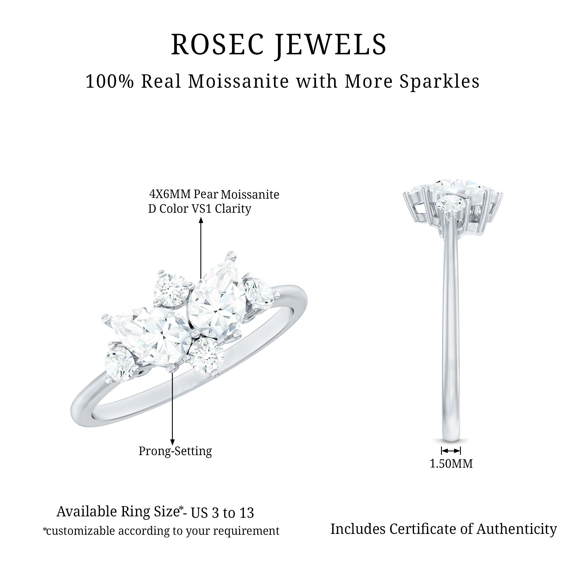 Rosec Jewels-Pear and Round Moissanite Cluster Promise Ring