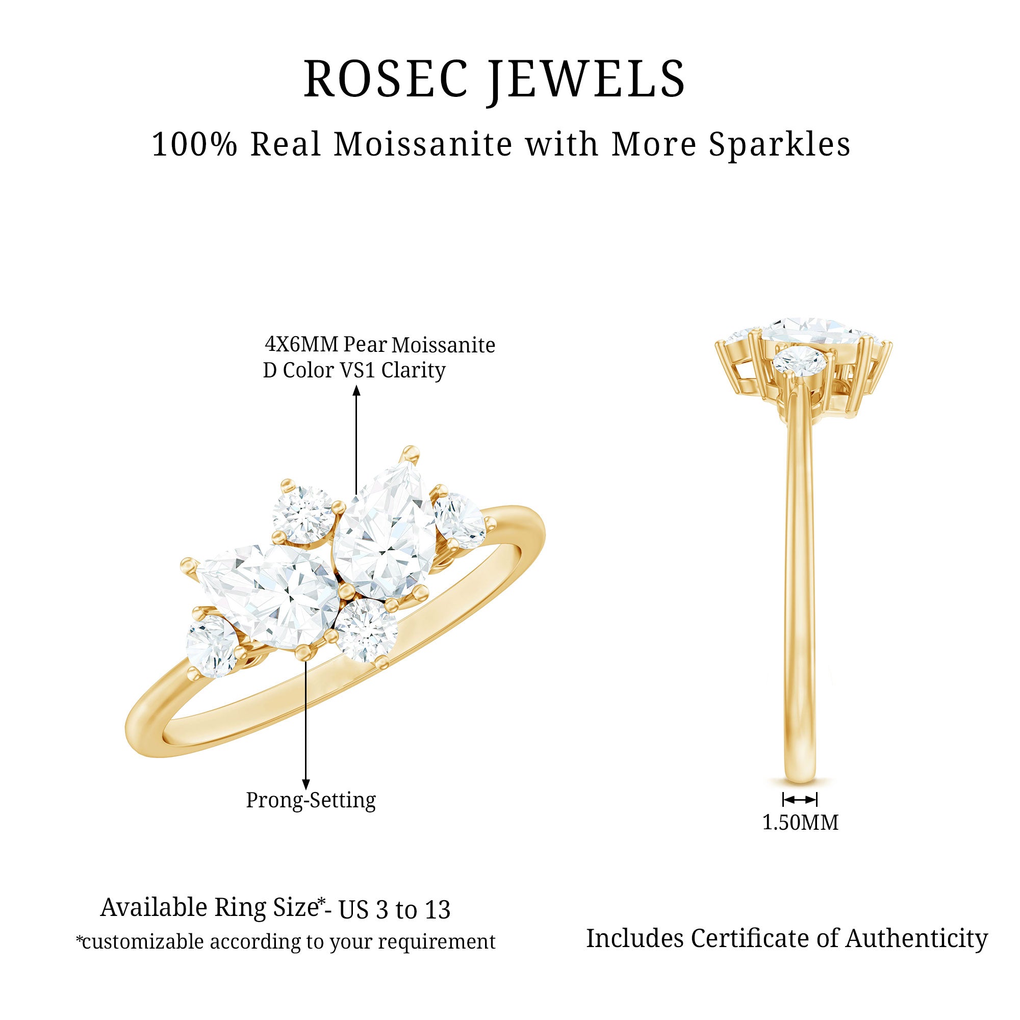 Rosec Jewels-Pear and Round Moissanite Cluster Promise Ring