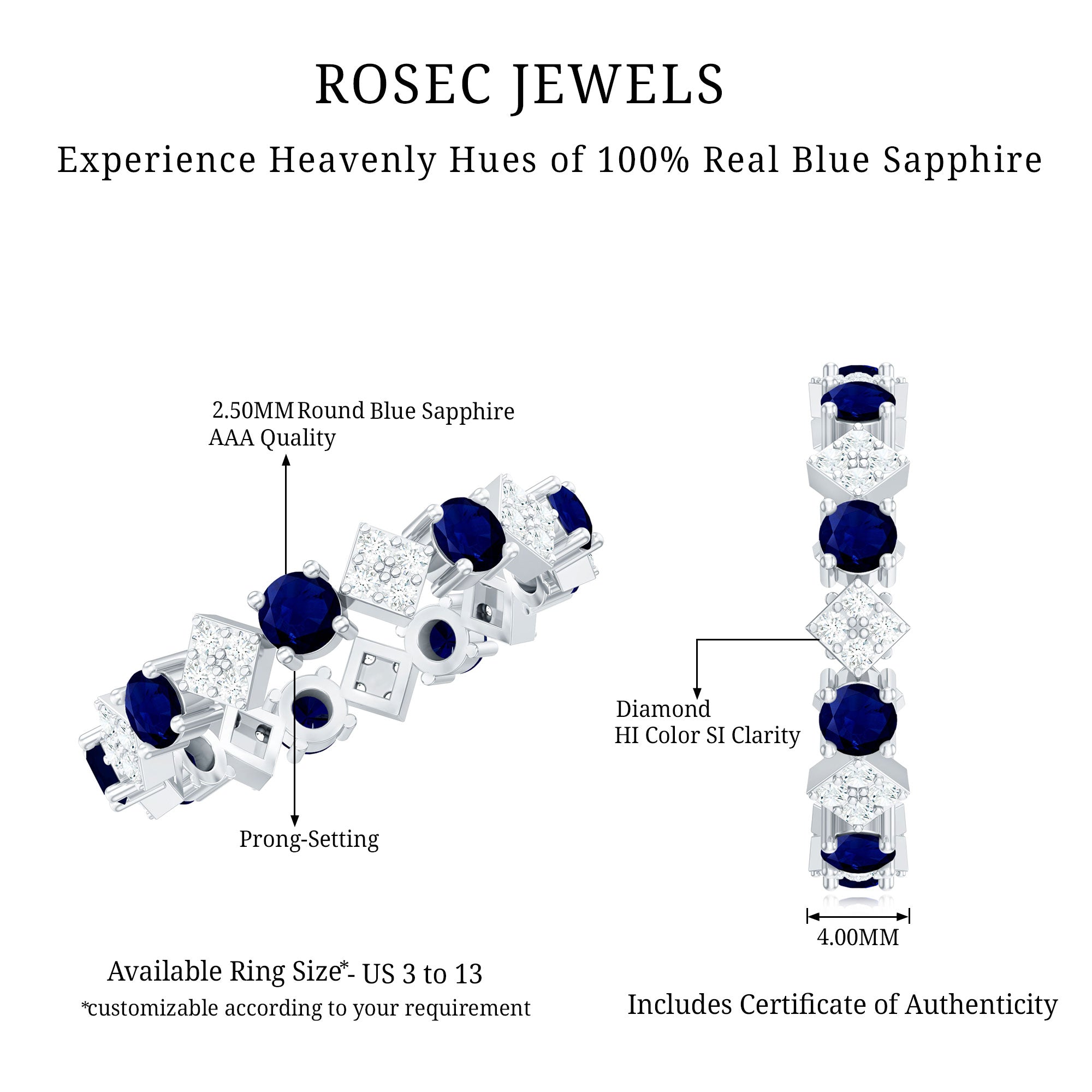 Rosec Jewels-2 CT Natural Blue Sapphire and Diamond Eternity Band Ring