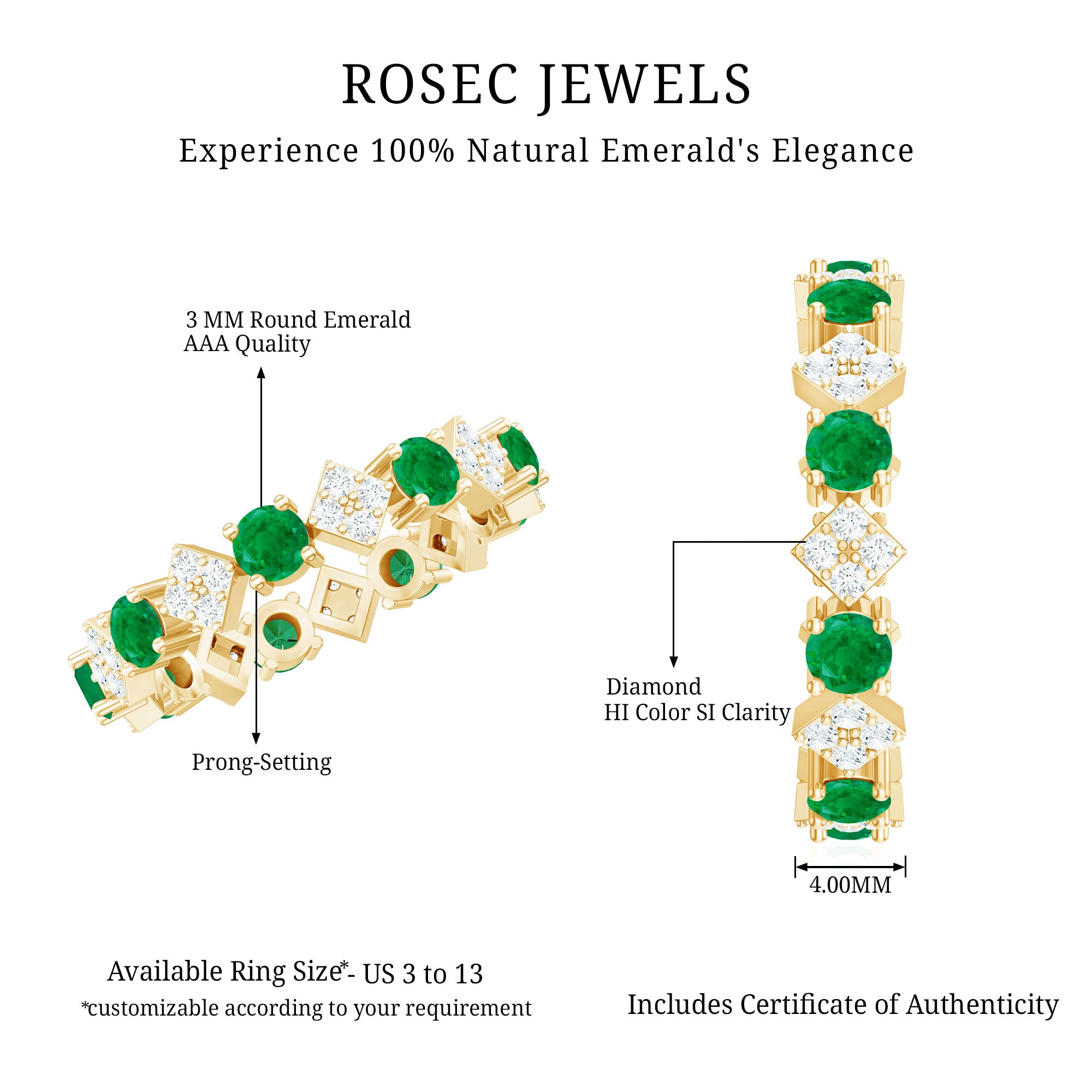 Rosec Jewels-Genuine Emerald and Diamond Eternity Wedding Band