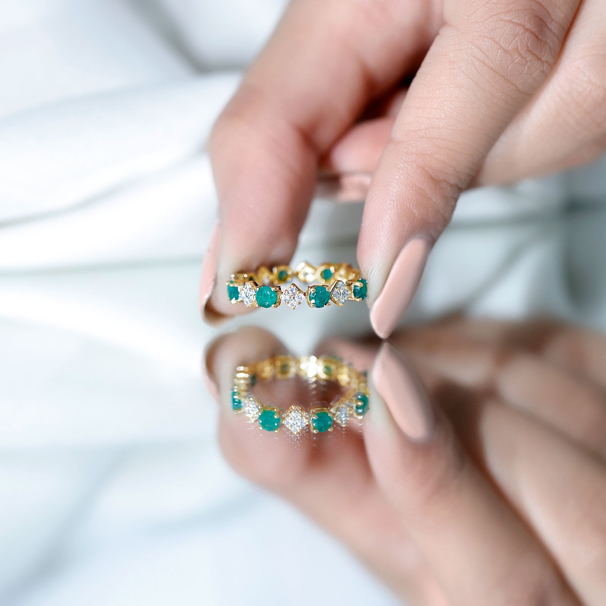 Rosec Jewels-Genuine Emerald and Diamond Eternity Wedding Band