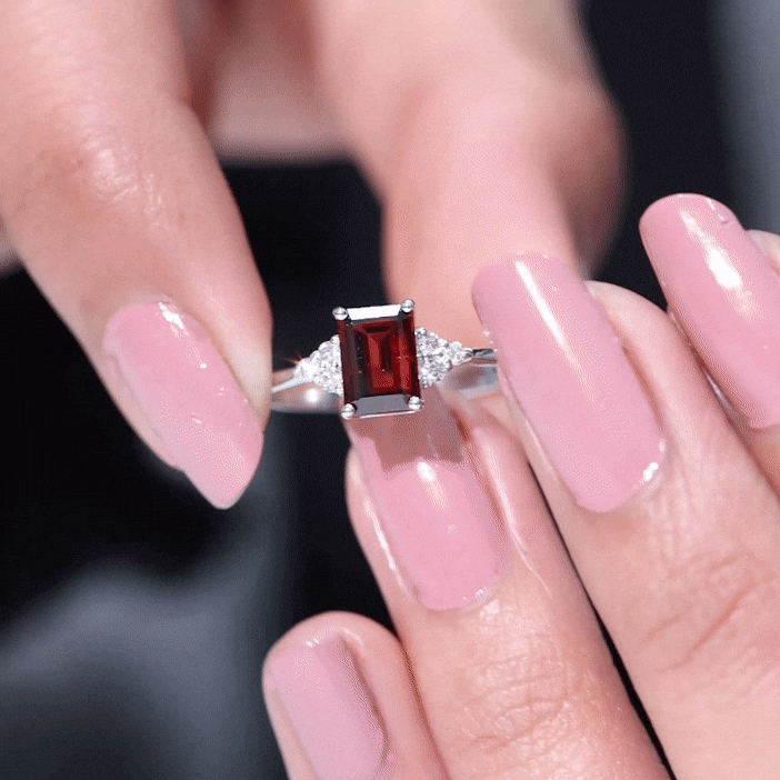 2.5 CT Emerald Cut Garnet Solitaire Engagement Ring with Diamond Trio Garnet - ( AAA ) - Quality - Rosec Jewels