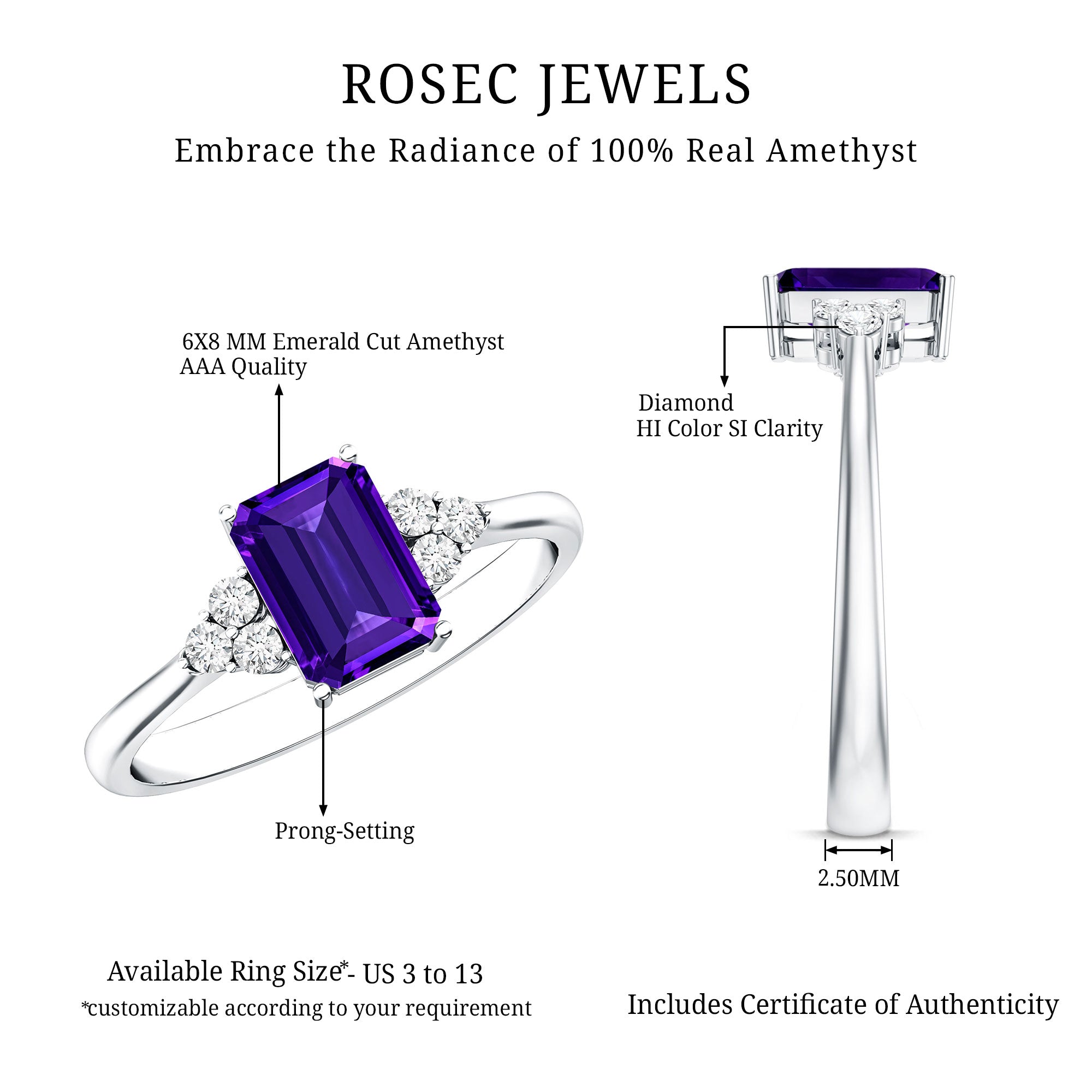 Rosec Jewels-Real 1.4 Carat Amethyst Emerald Cut Engagement Ring with Diamond Trio