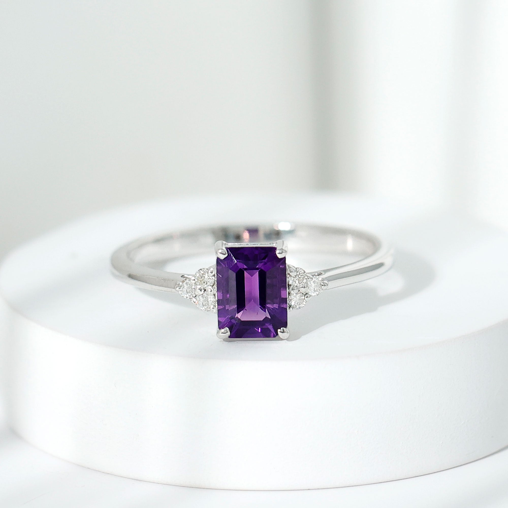 1.5 CT Octagon Cut Amethyst Engagement Ring with Diamond Trio Amethyst - ( AAA ) - Quality - Rosec Jewels