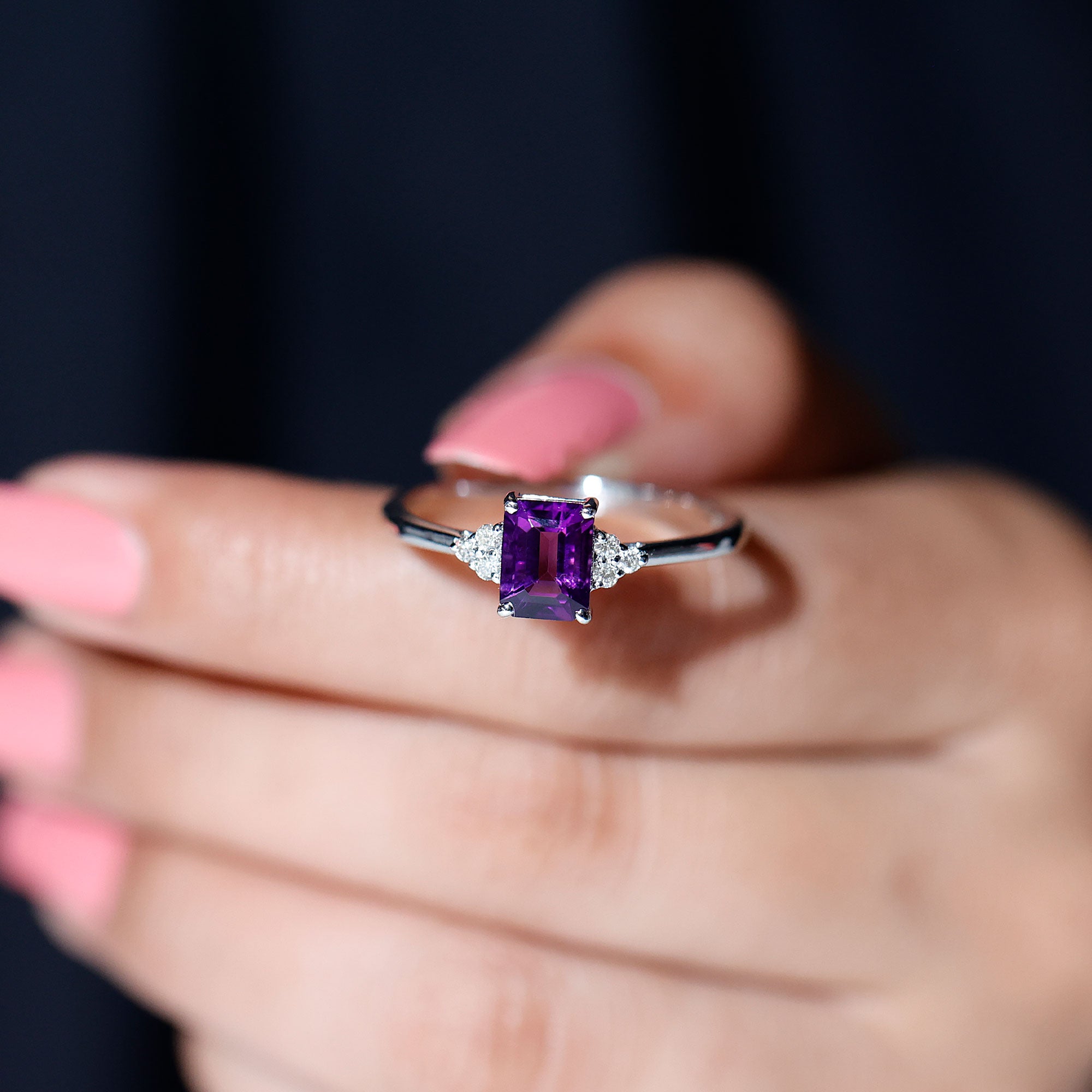 1.5 CT Octagon Cut Amethyst Engagement Ring with Diamond Trio Amethyst - ( AAA ) - Quality - Rosec Jewels