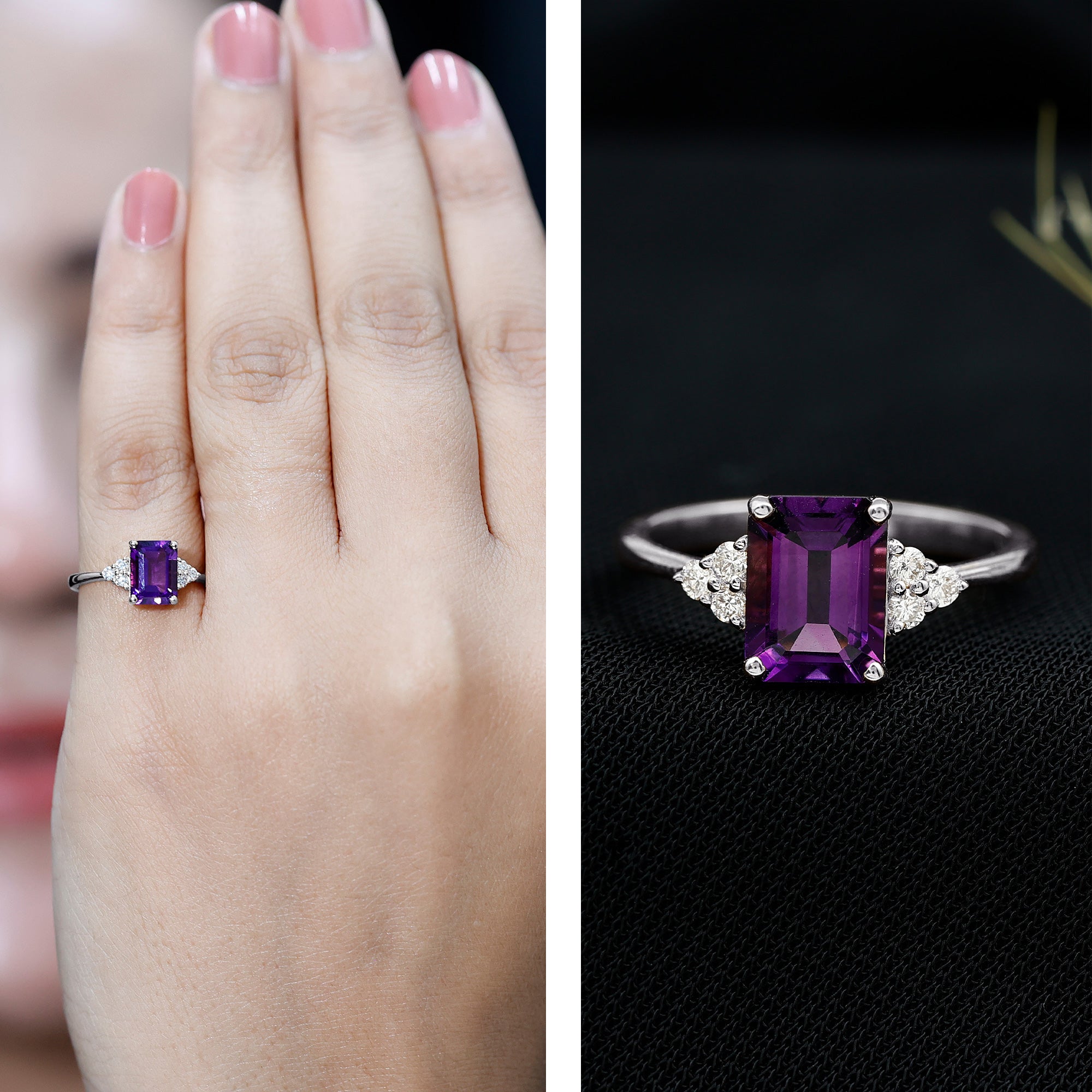 Rosec Jewels-Real 1.4 Carat Amethyst Emerald Cut Engagement Ring with Diamond Trio
