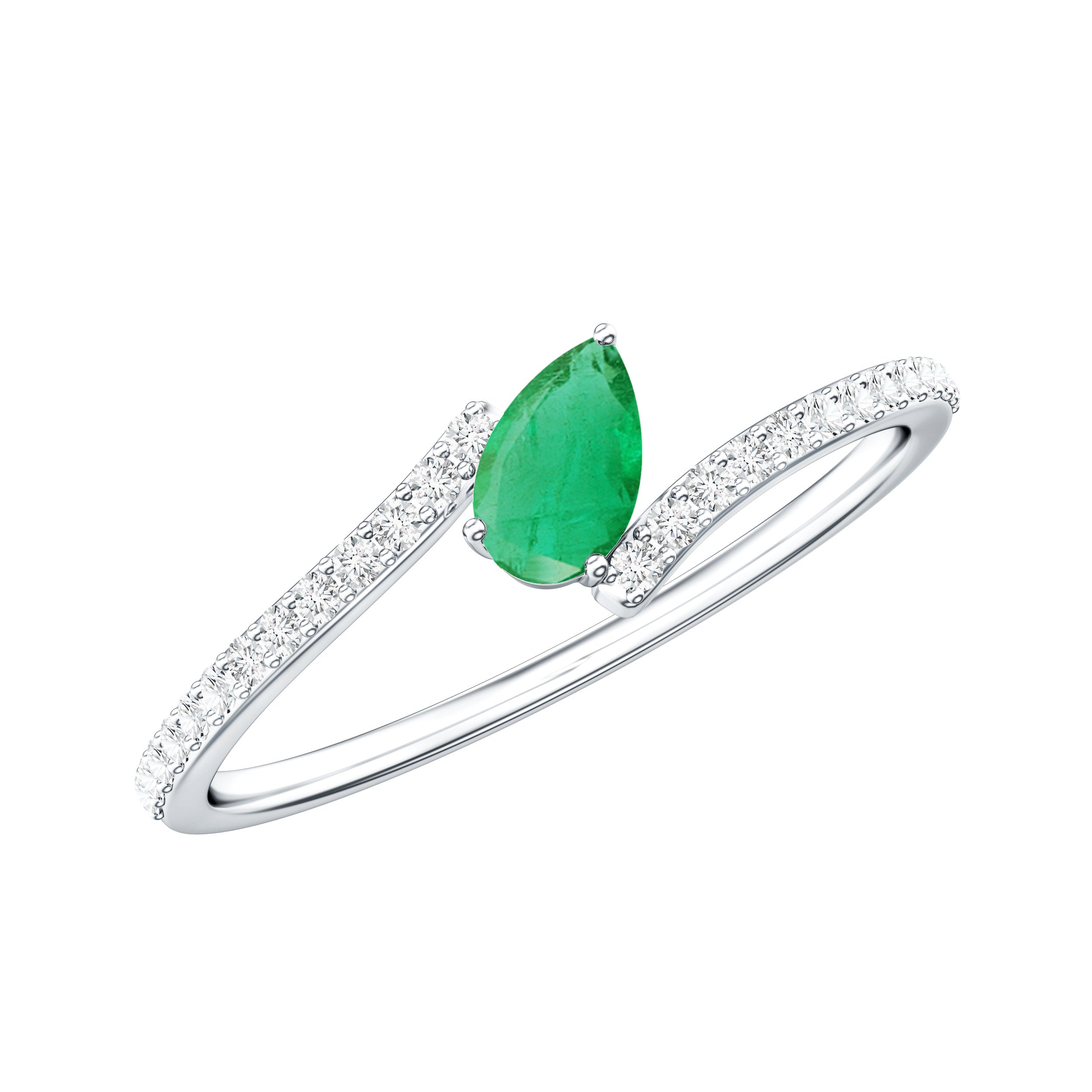 Pear Shaped Emerald and Diamond Promise Ring in Bypass Shank AAA - Rosec Jewels