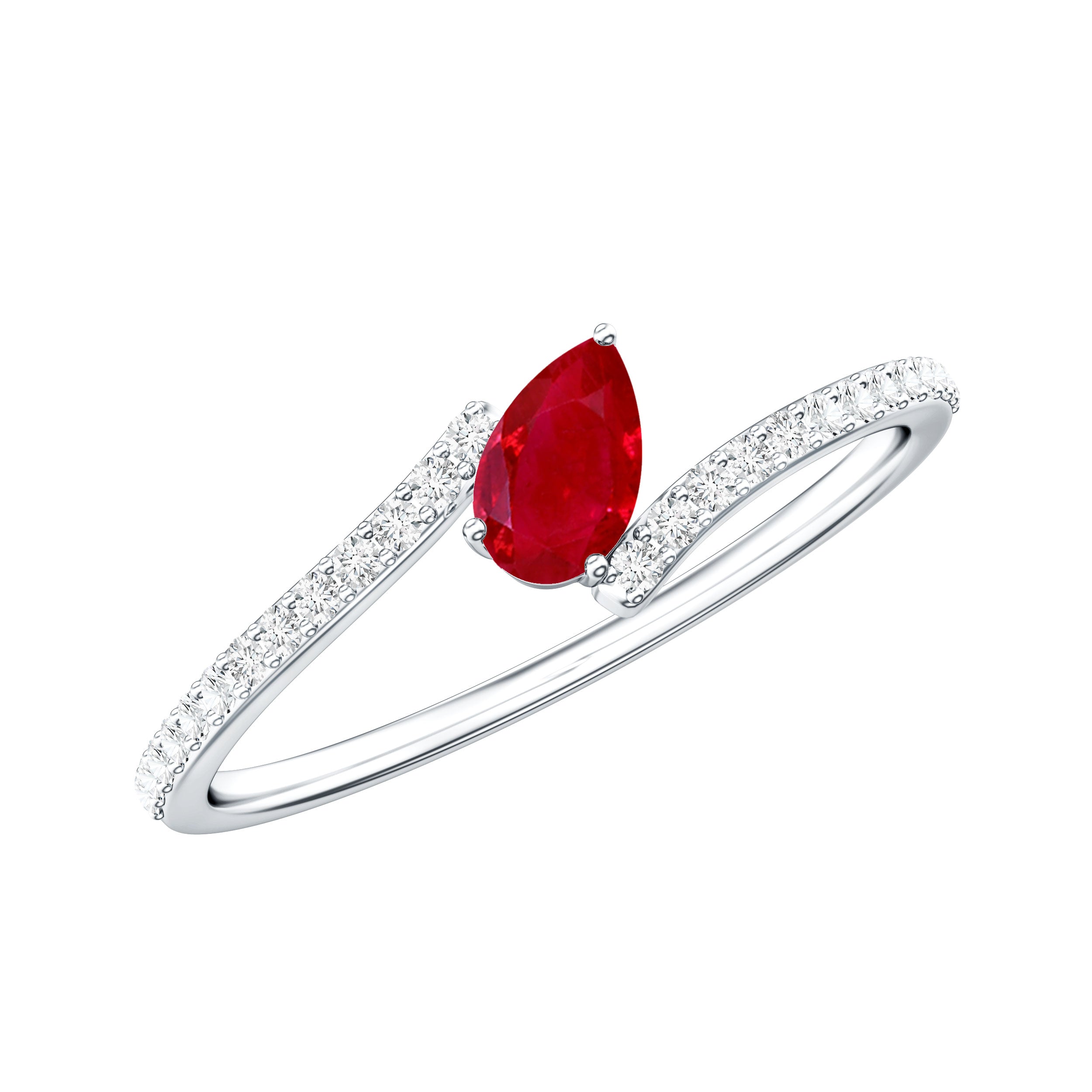 Tilted Pear Shape Ruby and Diamond Bypass Promise Ring AAA - Rosec Jewels