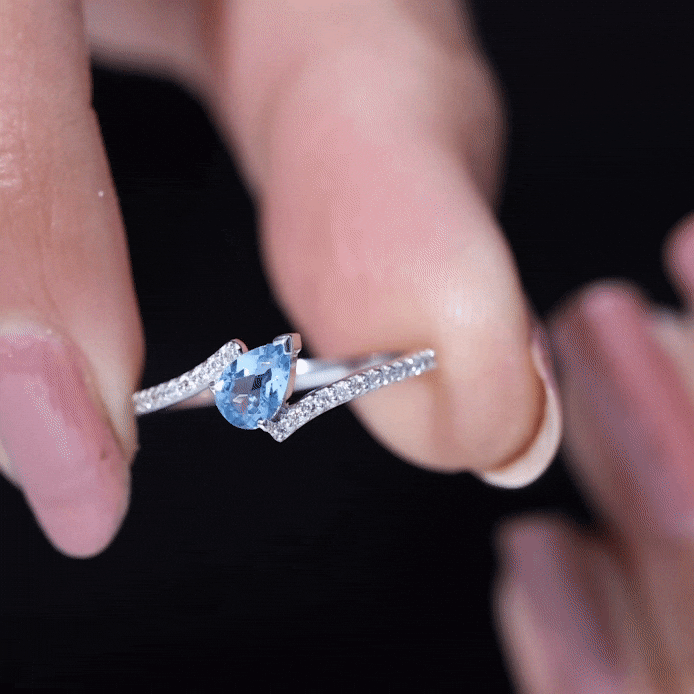 Real Aquamarine and Diamond Promise Ring in Bypass Shank AAA - Rosec Jewels