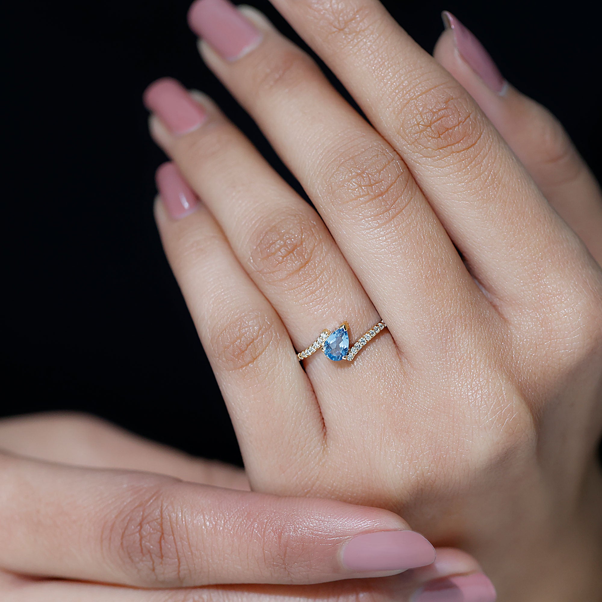 Real Aquamarine and Diamond Promise Ring in Bypass Shank AAA - Rosec Jewels