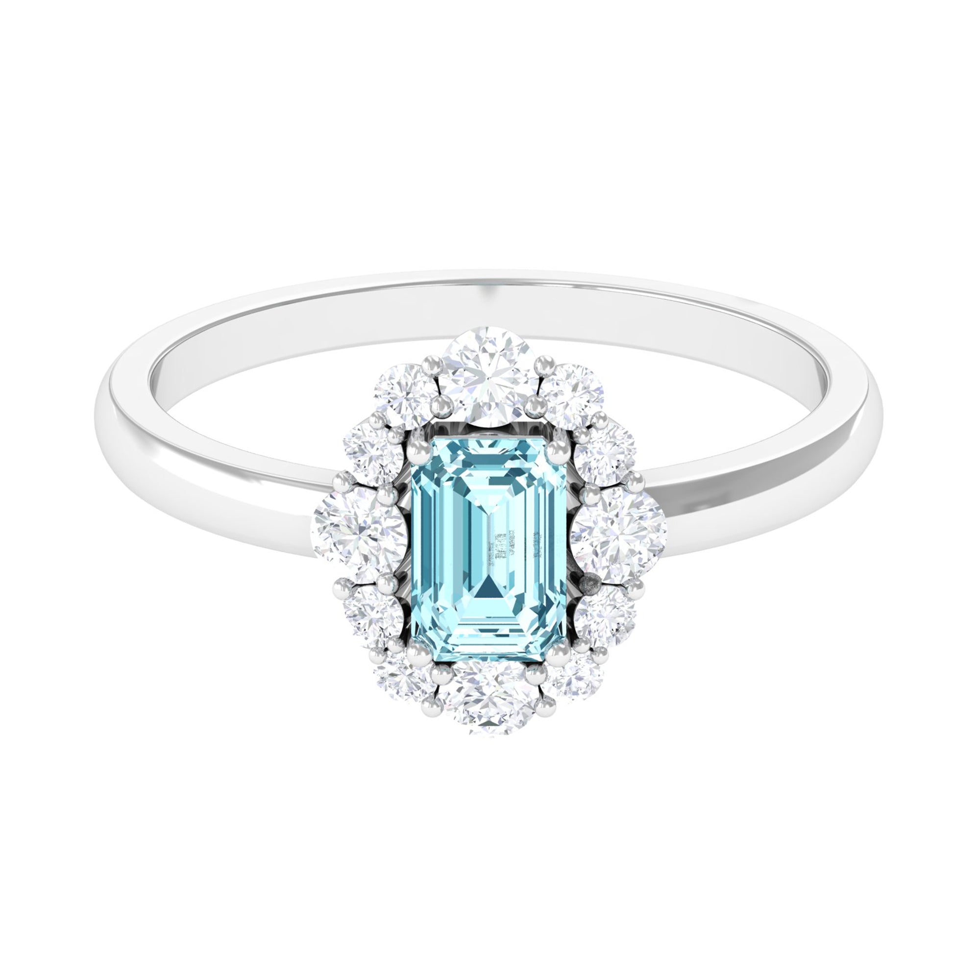 Rosec Jewels-Octagon Aquamarine Engagement Ring with Diamond Halo