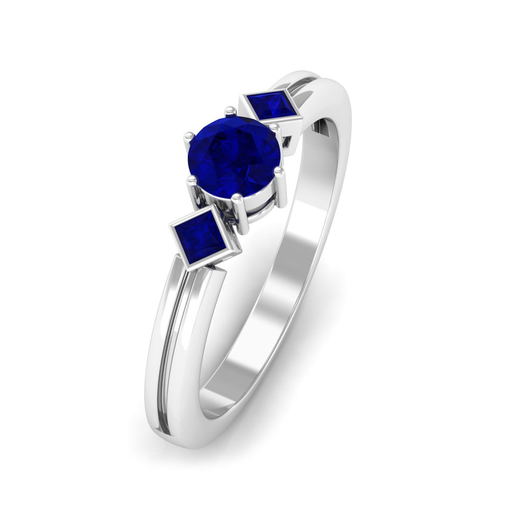 1/2 CT Minimal Princess and Round Cut Blue Sapphire Three Stone Ring Blue Sapphire - ( AAA ) - Quality - Rosec Jewels