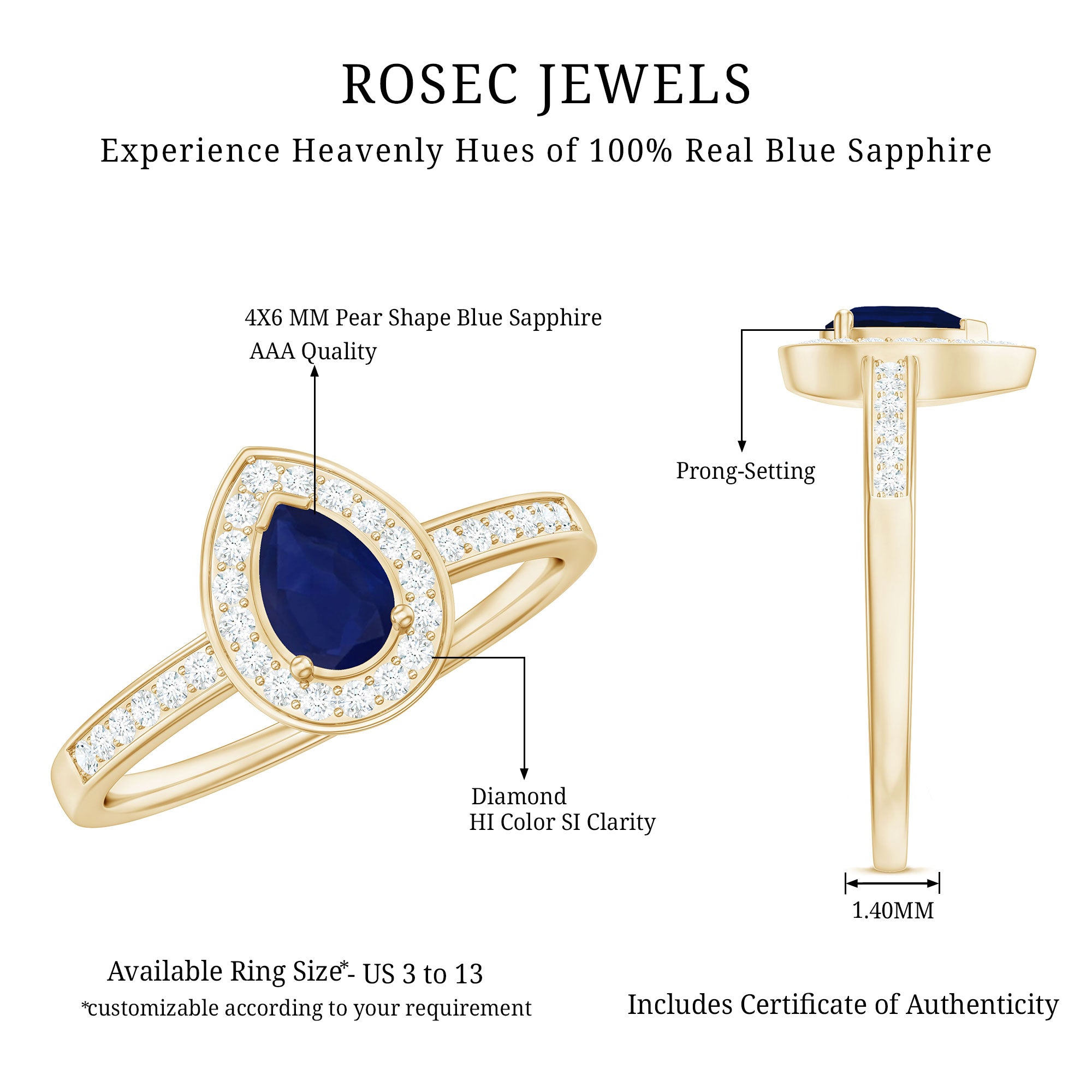 Genuine 0.5 Carat Blue Sapphire and Diamond Pear Halo Engagement Ring AAA - Rosec Jewels