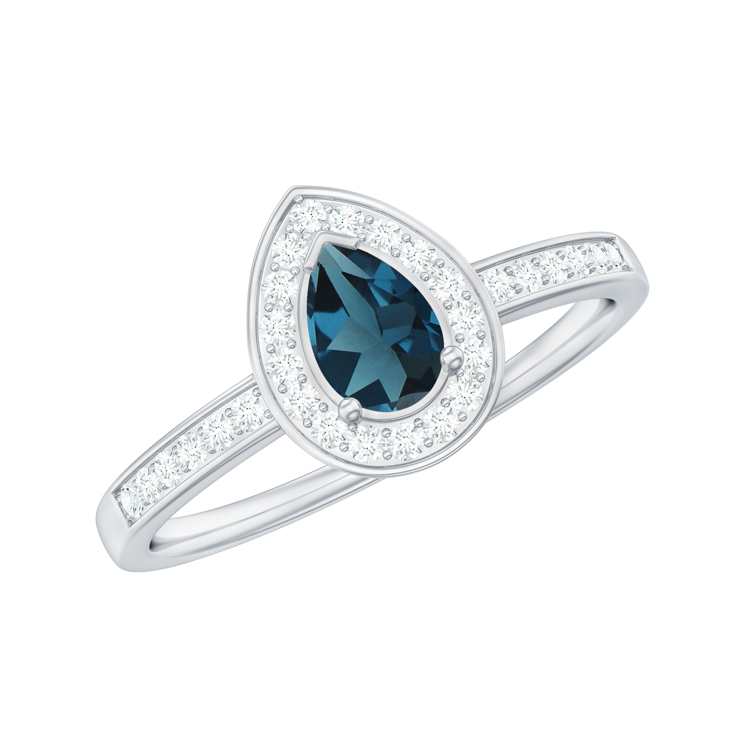 5X7MM Pear Shaped London Blue Topaz Engagement Ring with Real Diamond Halo AAA - Rosec Jewels