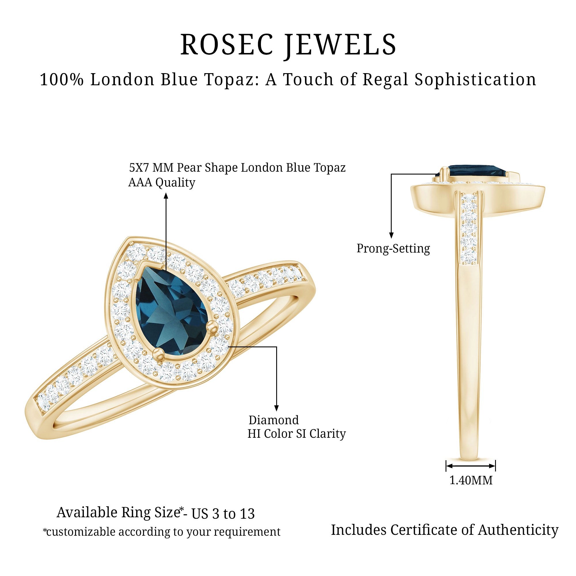 5X7MM Pear Shaped London Blue Topaz Engagement Ring with Real Diamond Halo AAA - Rosec Jewels