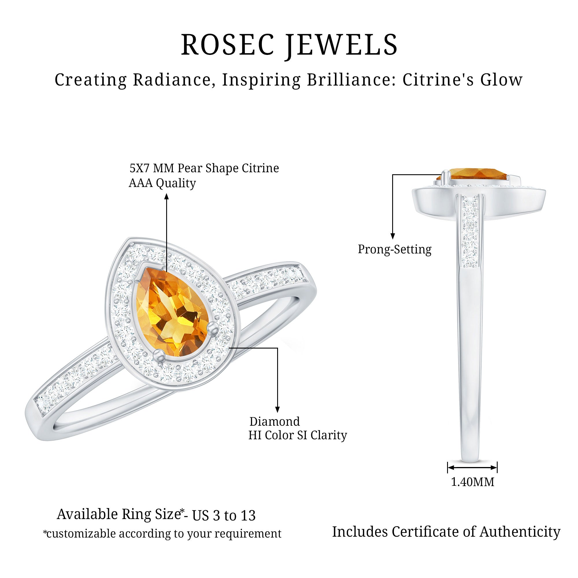 Rosec Jewels-Natural 5X7mm Pear Shape Citrine Engagement Ring with Diamond Halo