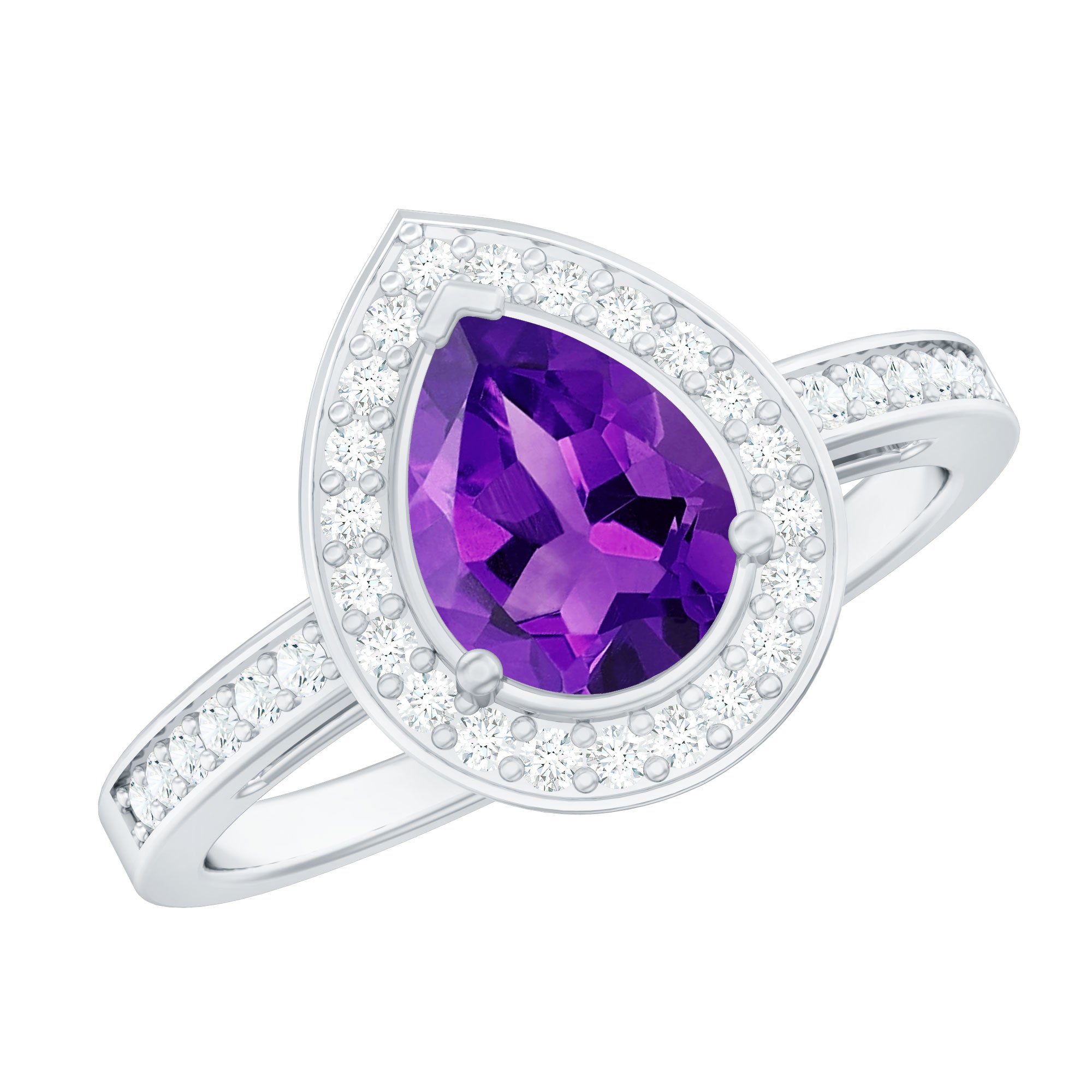 Rosec Jewels-Real 1 Carat Amethyst Pear Shaped Engagement Ring with Diamond Halo