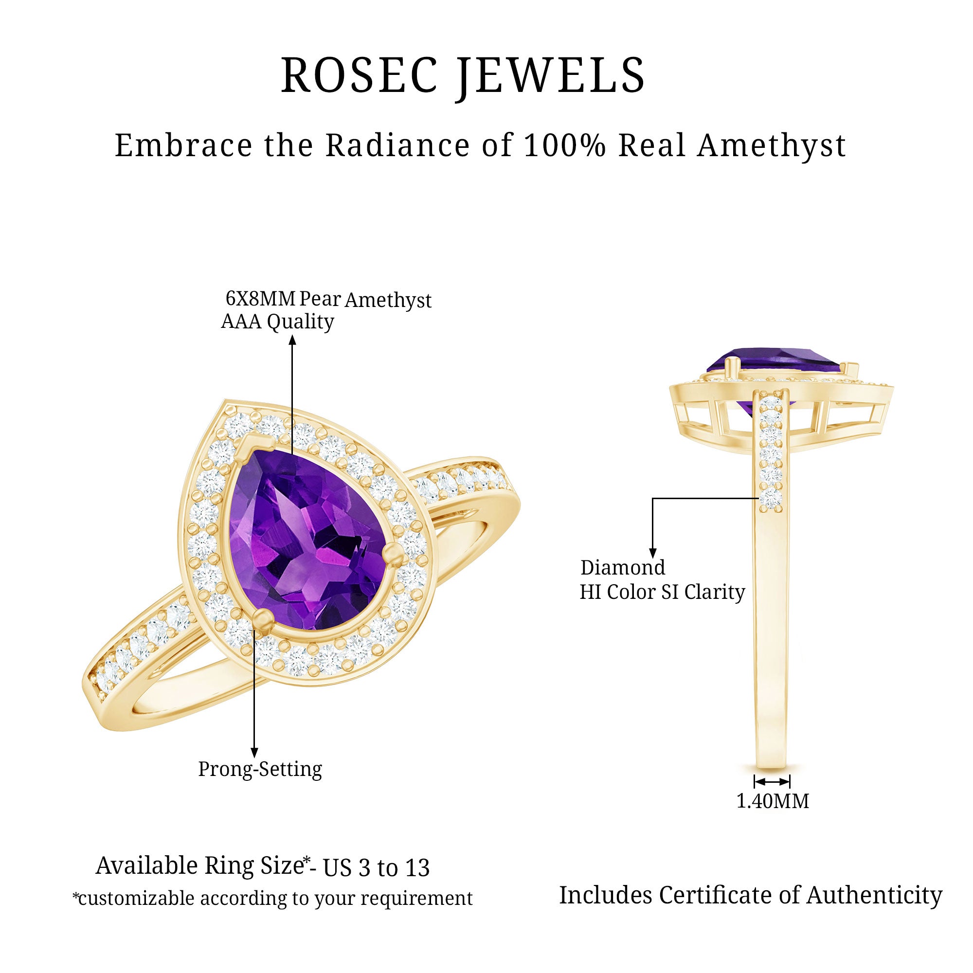 Rosec Jewels-Real 1 Carat Amethyst Pear Shaped Engagement Ring with Diamond Halo