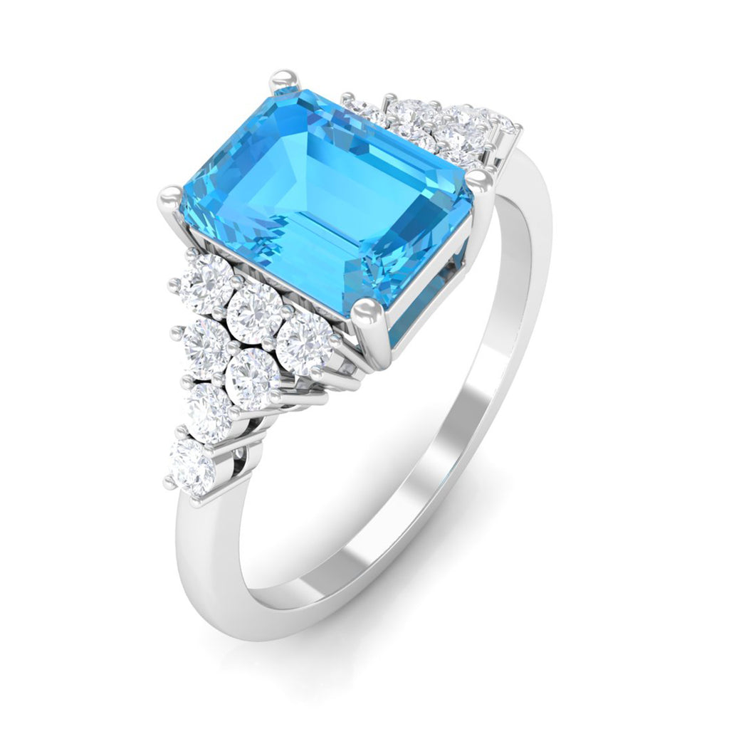 2.50 CT Emerald Cut Swiss Blue Topaz Engagement Ring with Diamond Side Stones Swiss Blue Topaz - ( AAA ) - Quality - Rosec Jewels