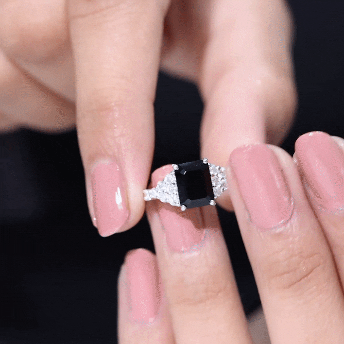 Certified 6X8MM Emerald Cut Black Onyx Engagement Ring with Diamonds AAA - Rosec Jewels
