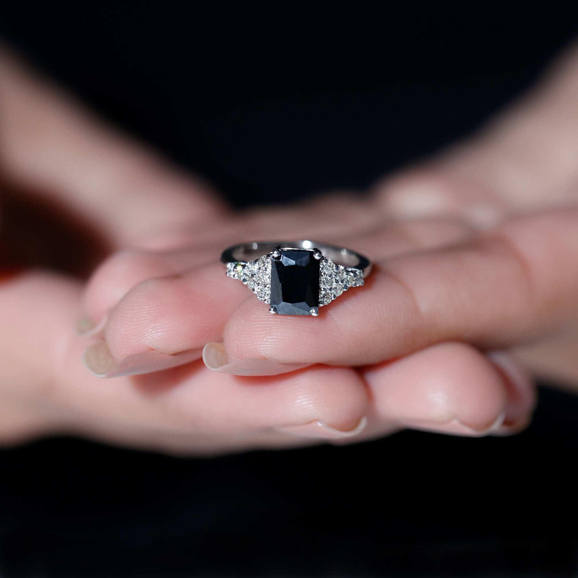 Certified 1.8 Carat Emerald Cut Black Onyx Engagement Ring with