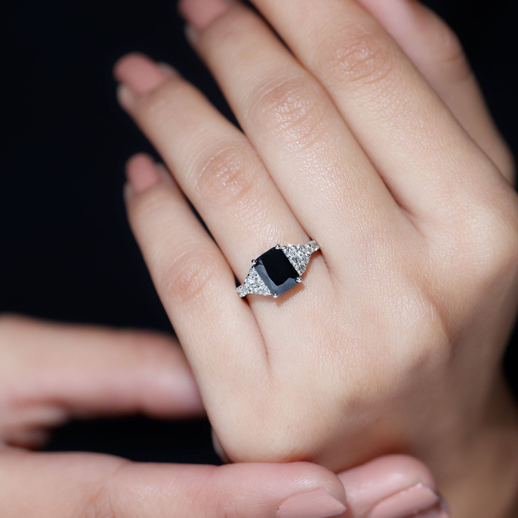 Certified 6X8MM Emerald Cut Black Onyx Engagement Ring with