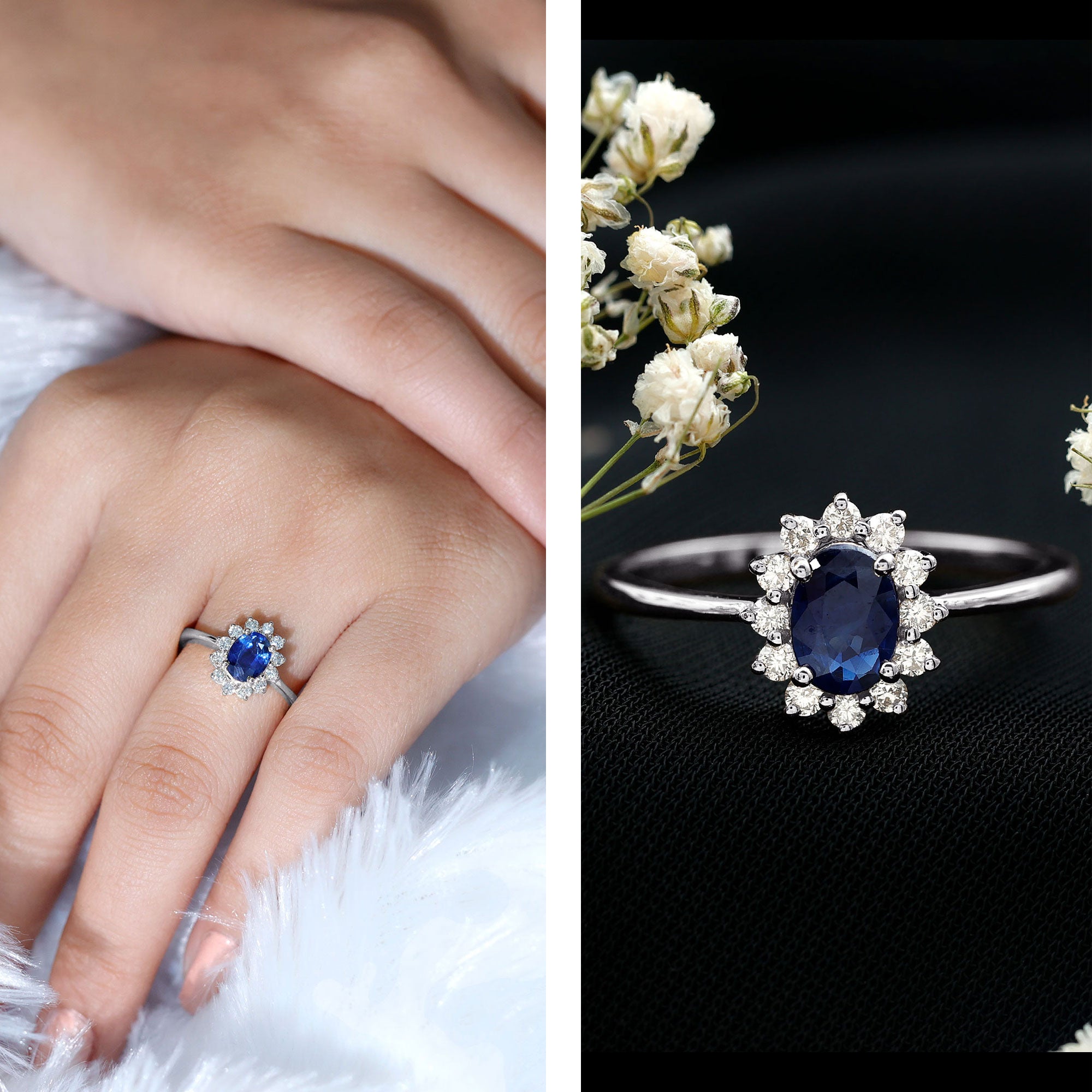Rosec Jewels-Natural 1 Carat Blue Sapphire Princess Diana Inspired Engagement Ring with Diamonds