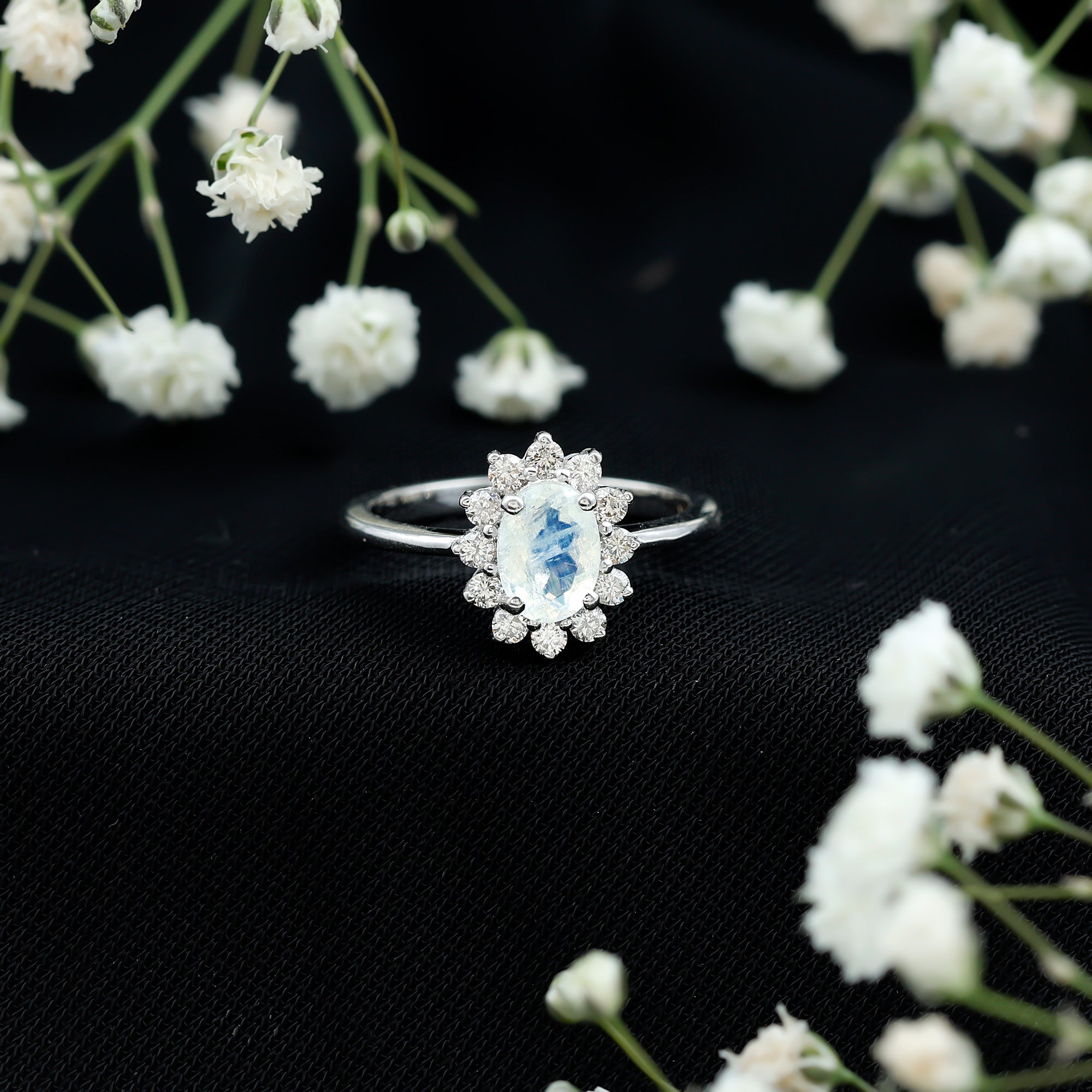 Rosec Jewels-Princess Diana Inspired Moonstone Engagement Ring Diamond Halo