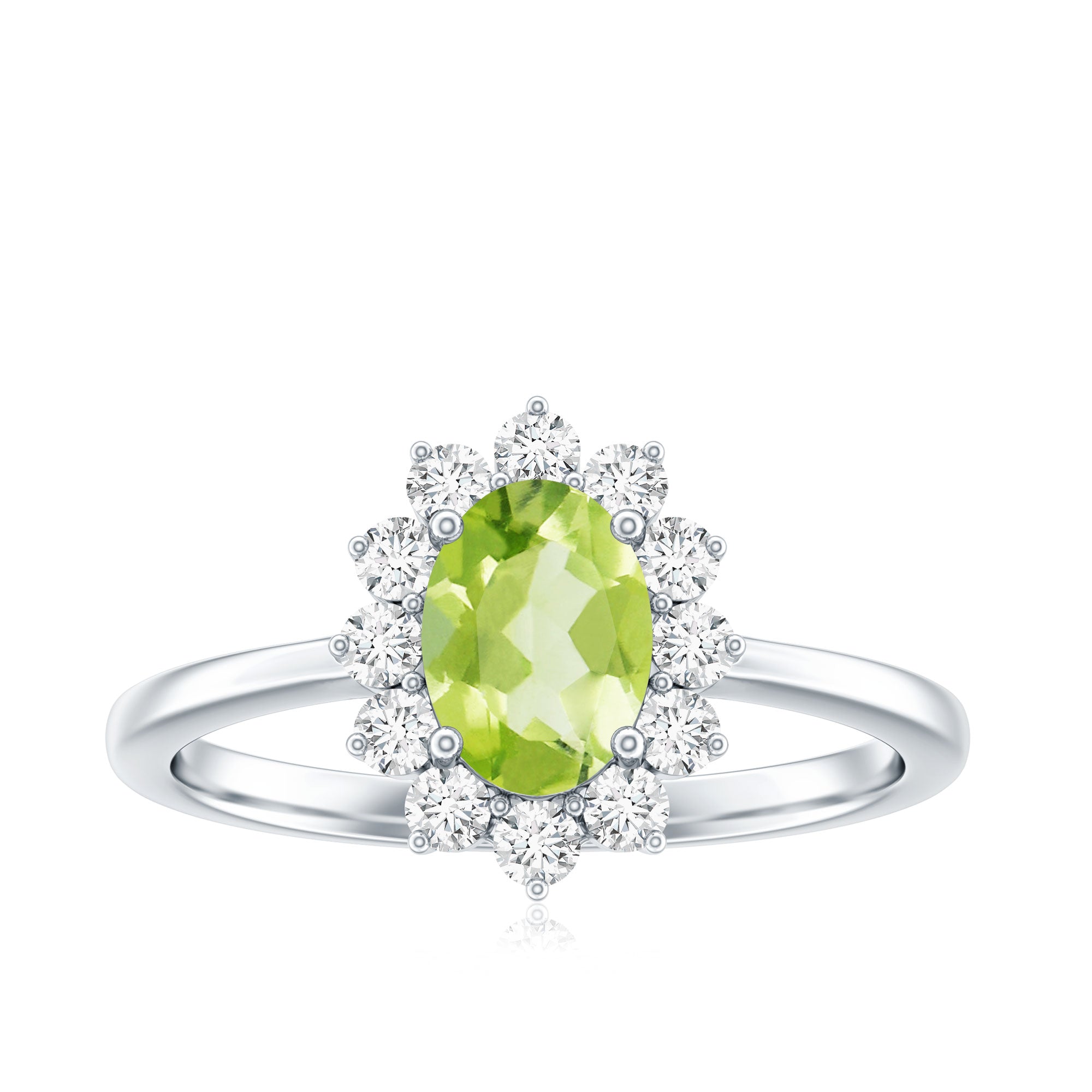 Real 1 Carat Peridot Oval Engagement Ring with Diamond Halo AAA - Rosec Jewels