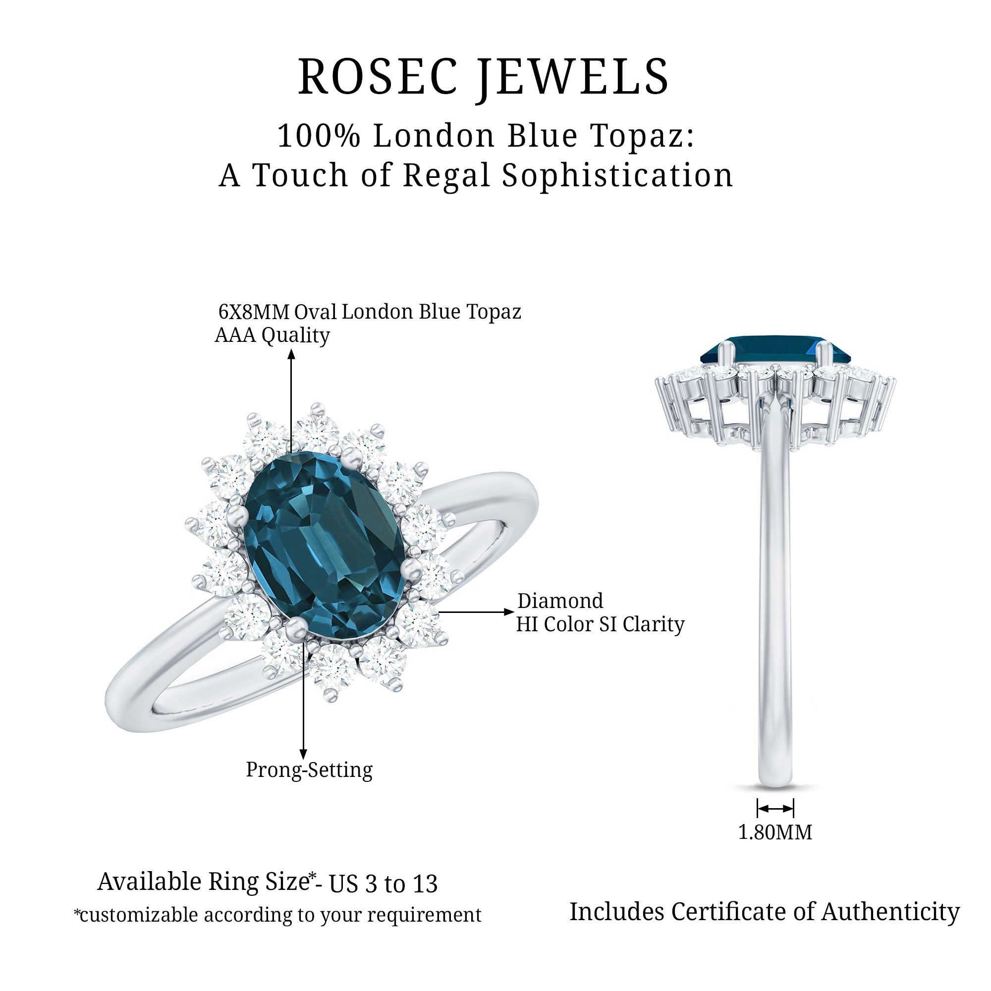 Rosec Jewels-Real 6X8mm London Blue Topaz Princess Diana Inspired Engagement Ring with Diamond
