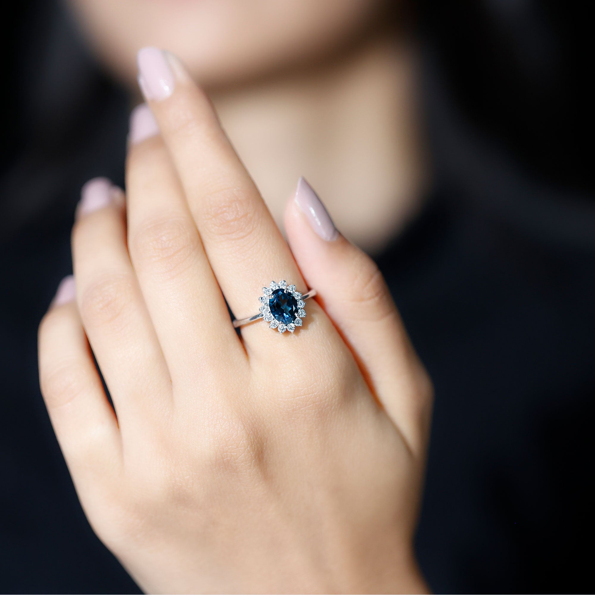 Rosec Jewels-Real 6X8mm London Blue Topaz Princess Diana Inspired Engagement Ring with Diamond