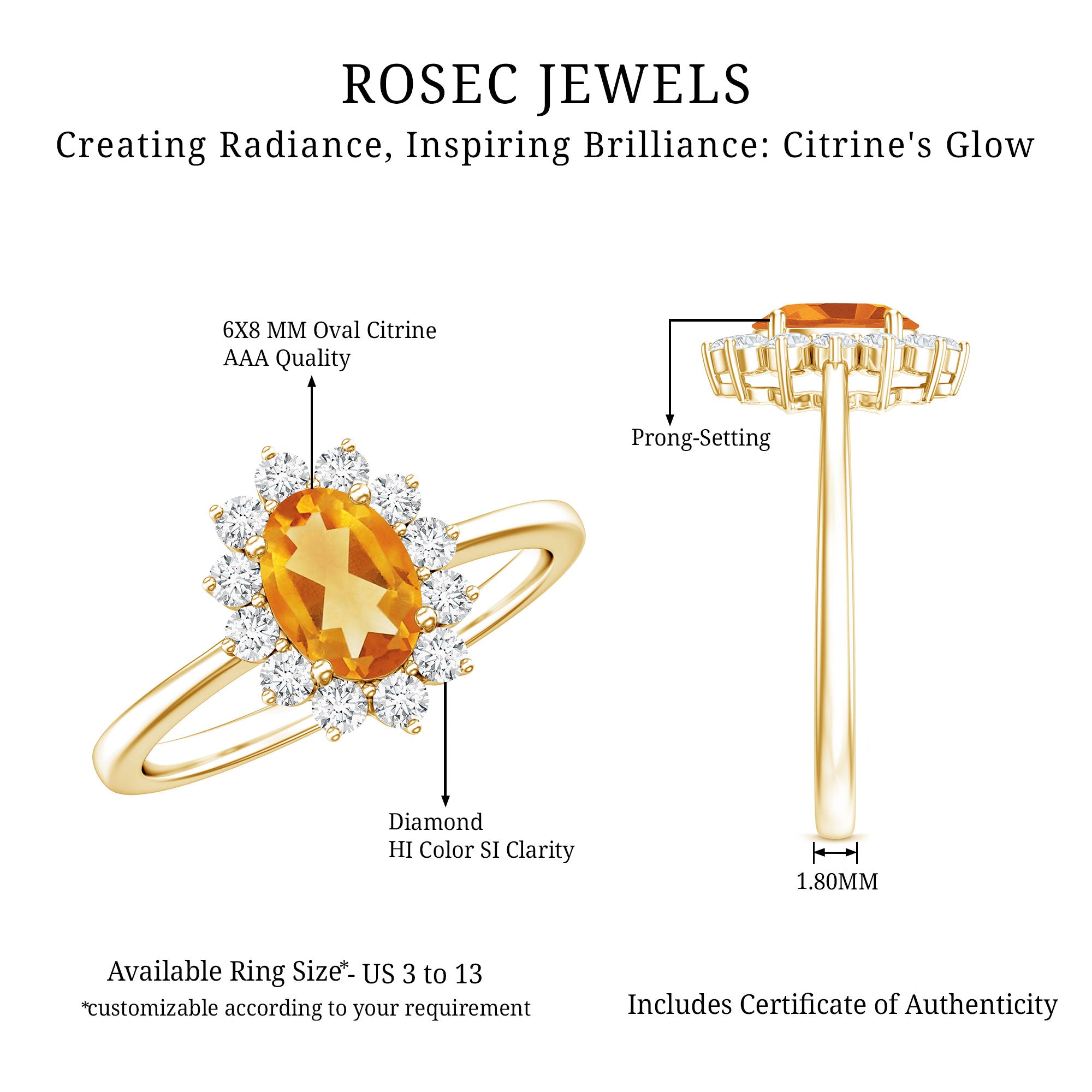 Rosec Jewels-Real 6X8mm Citrine Oval Engagement Ring with Diamond Halo