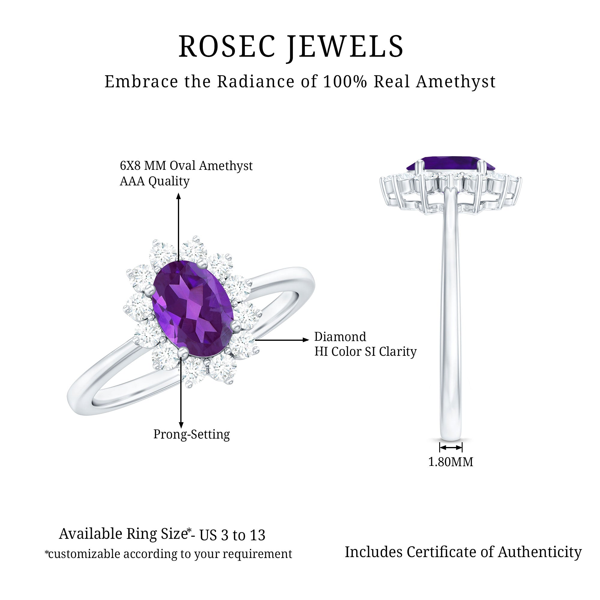 Rosec Jewels-1.5 CT Princess Diana Inspired Amethyst Engagement Ring Diamond Halo