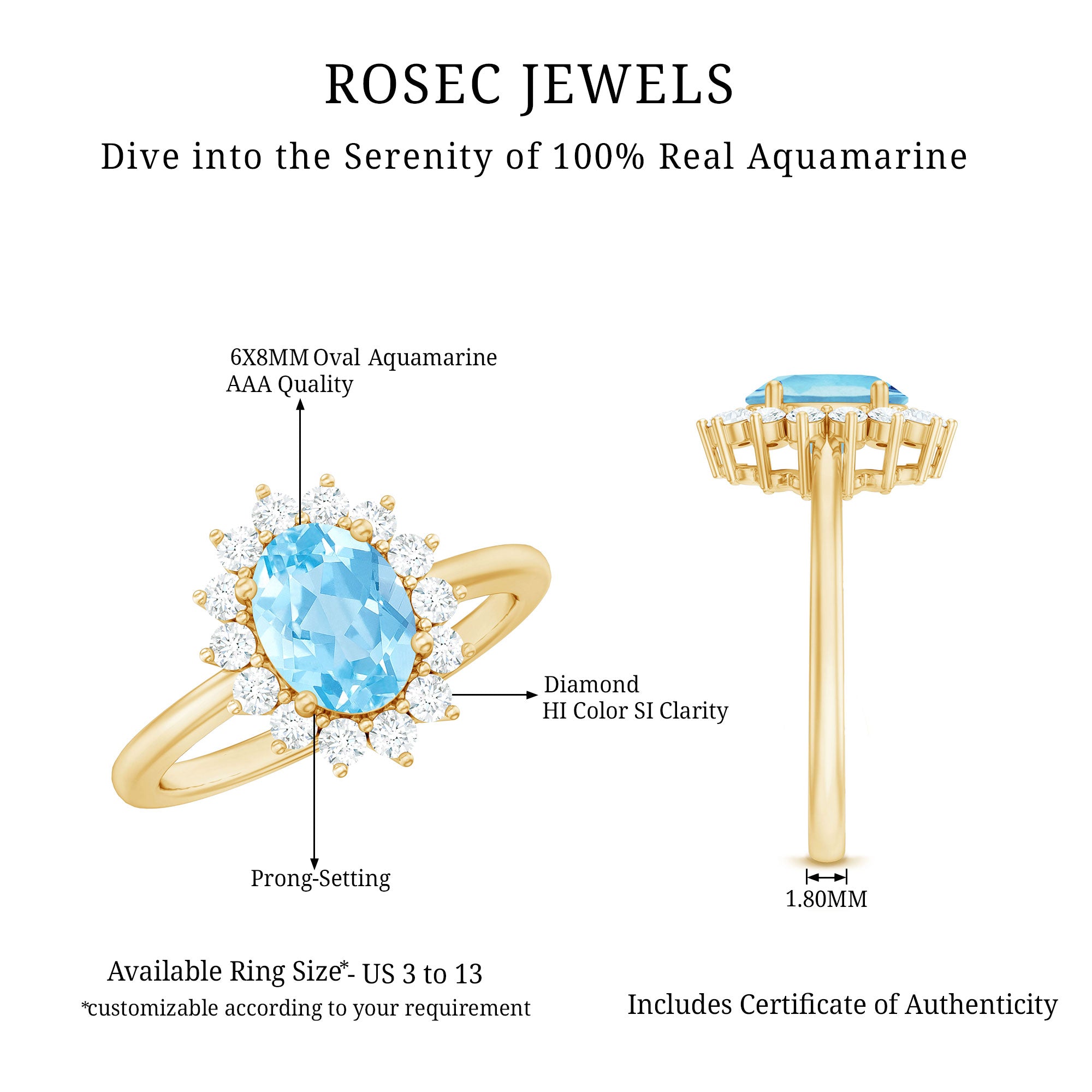 Rosec Jewels-Natural 1 Carat Aquamarine Oval Engagement Ring with Diamond Halo