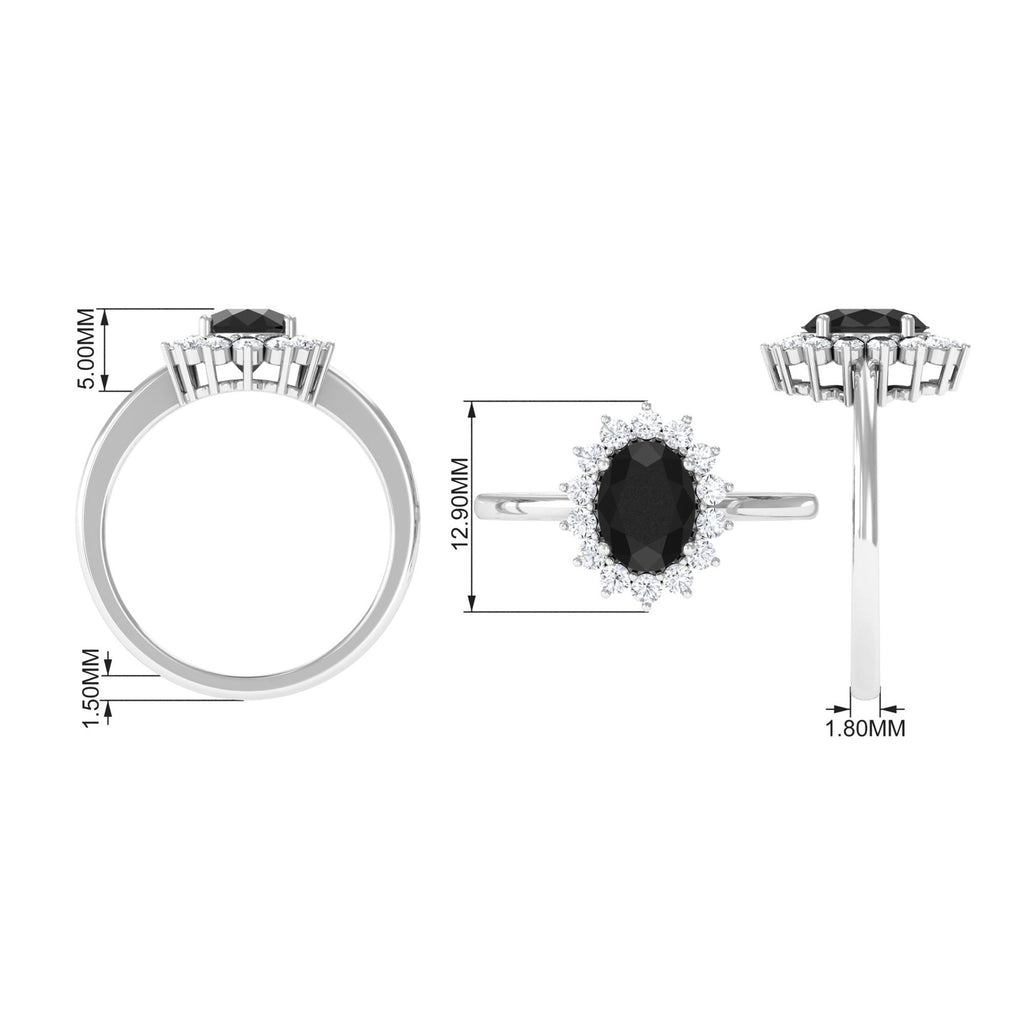 1.5 CT Princess Diana Inspired Oval Black Onyx Engagement Ring Diamond Halo Black Onyx - ( AAA ) - Quality - Rosec Jewels