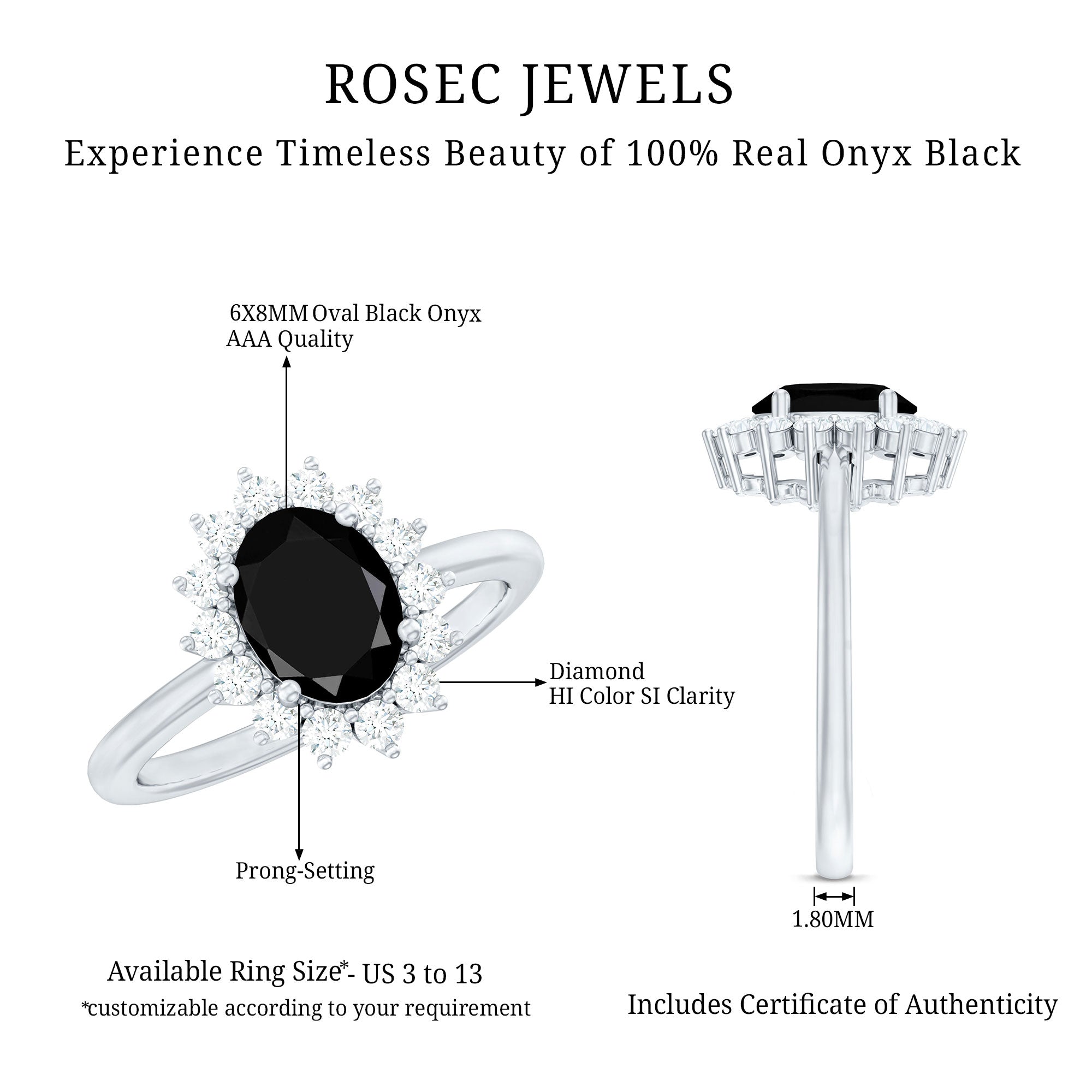 Rosec Jewels-Oval Cut Real Black Onyx and Diamond Halo Engagement Ring