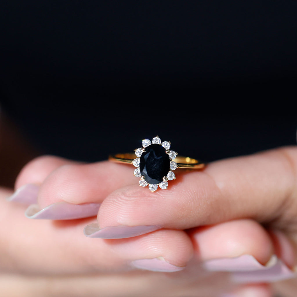 1.5 CT Princess Diana Inspired Oval Black Onyx Engagement Ring Diamond Halo Black Onyx - ( AAA ) - Quality - Rosec Jewels