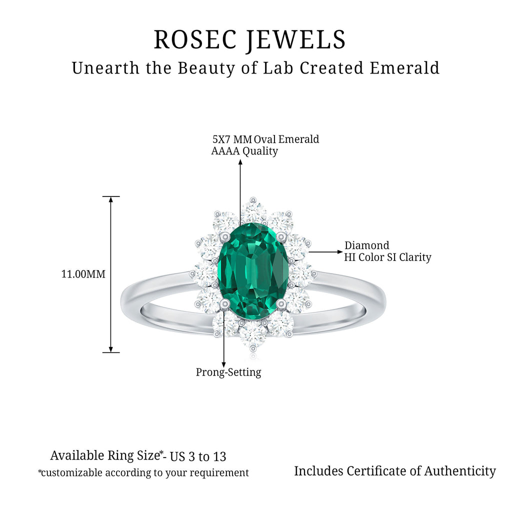 Princess Diana Inspired Created Emerald Engagement Ring with Diamond Lab Created Emerald - ( AAAA ) - Quality - Rosec Jewels