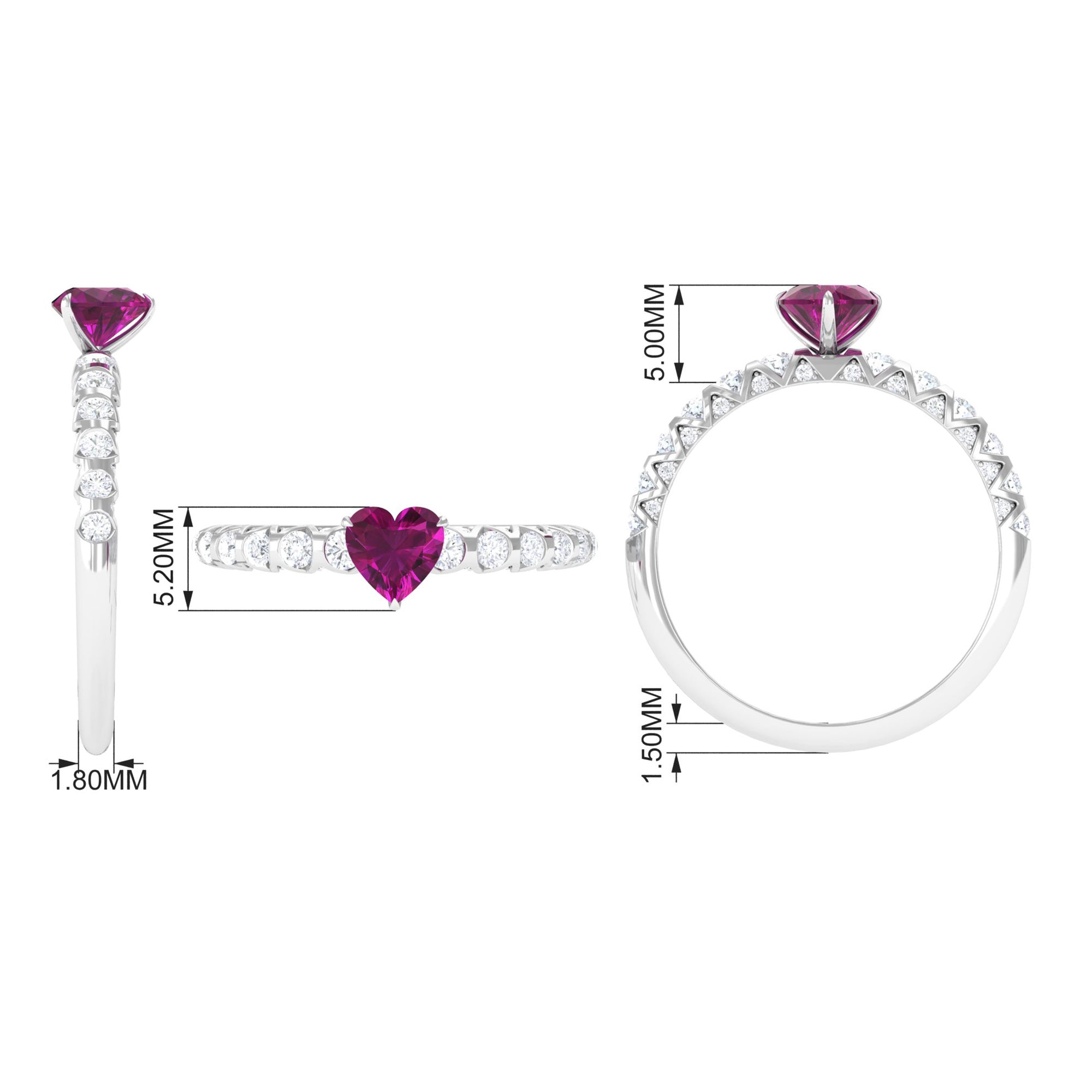 1.25 CT Claw Set Heart Shape Rhodolite and Diamond Engagement Ring Rhodolite - ( AAA ) - Quality - Rosec Jewels
